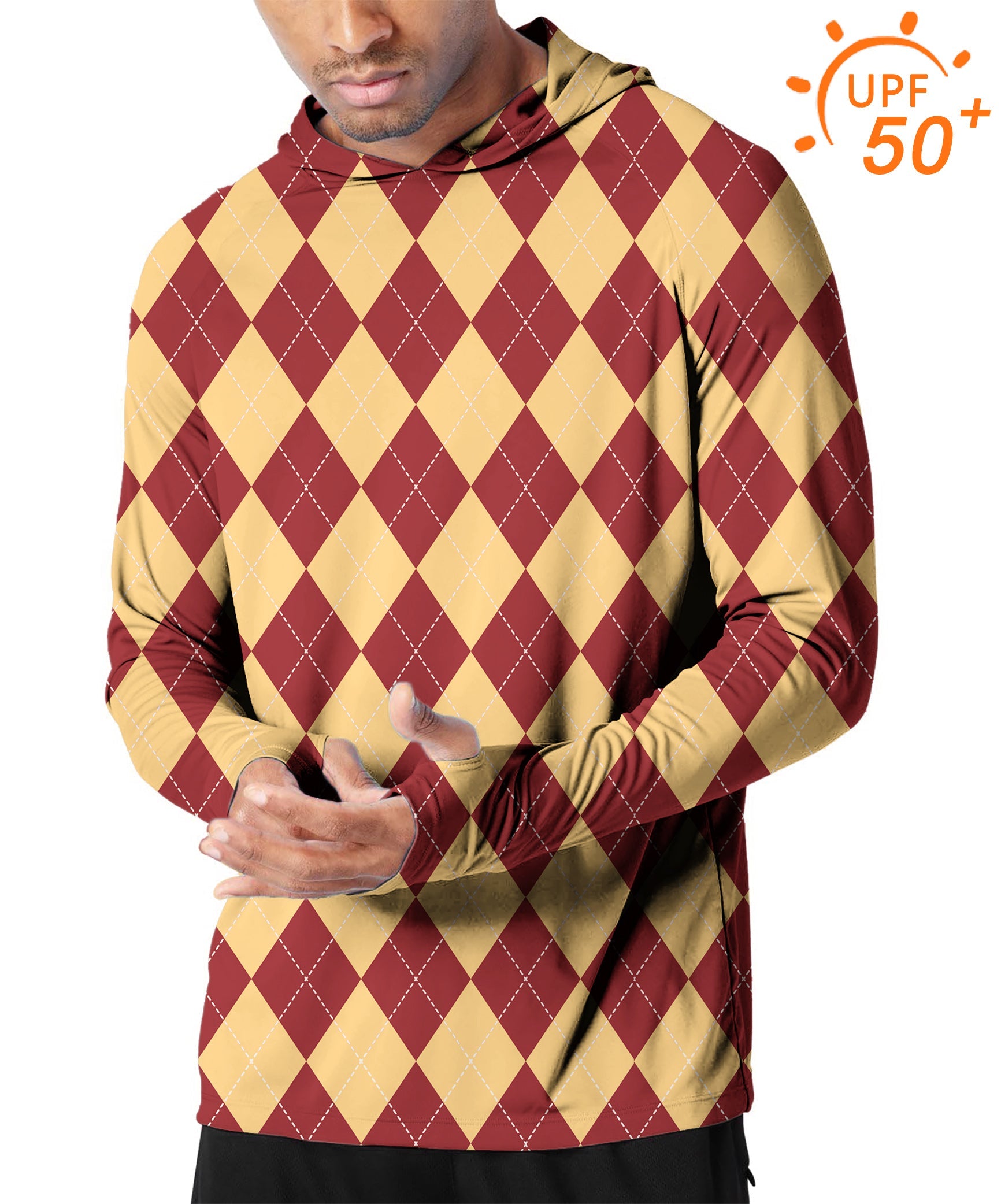 Men's outdoor yellow red argyle slim fit golf hoodie with UPF 50+ sun protection and thumb holes