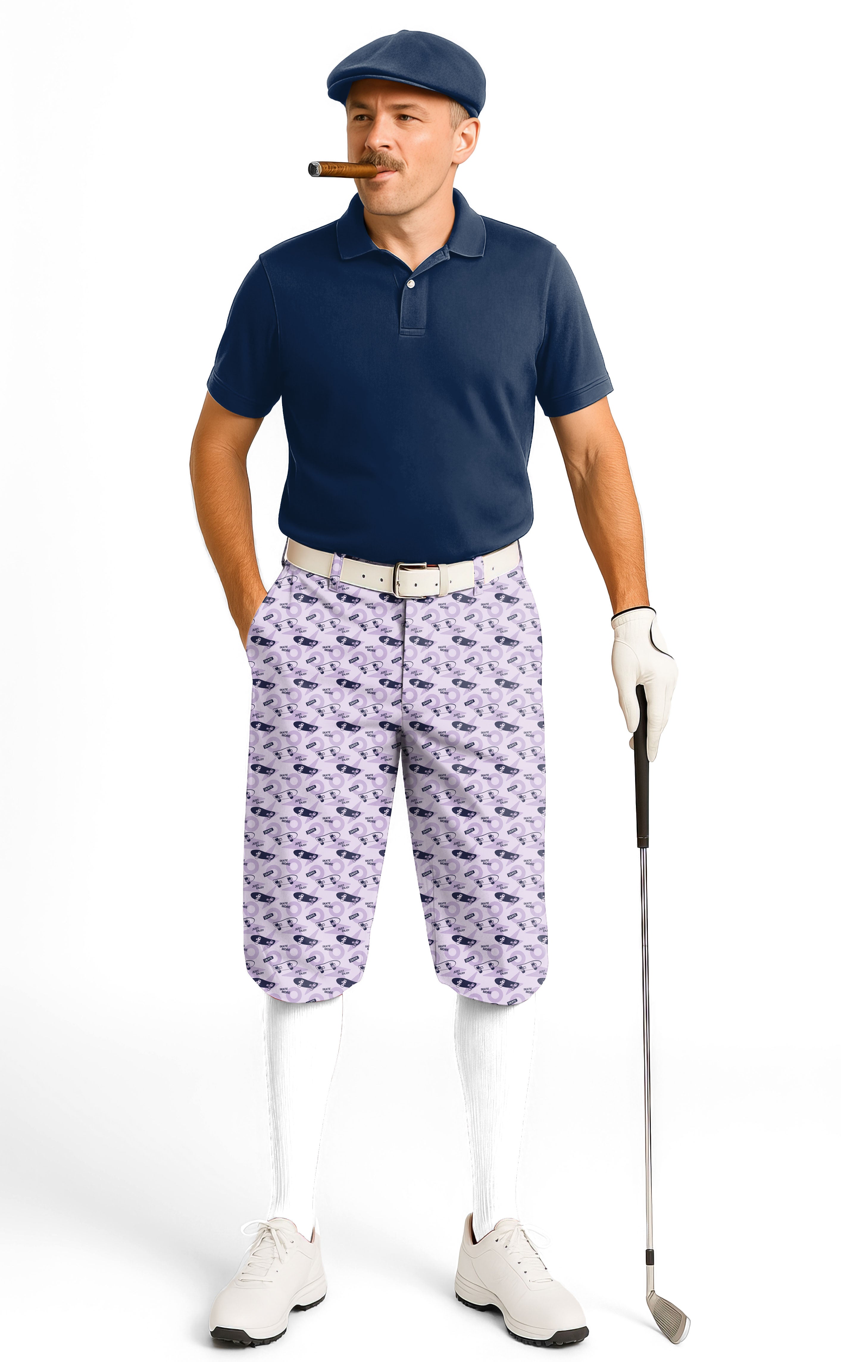 Man wearing Purple Skate More Men's Golf Knickers with ankle cuffs and patterned design, holding golf club