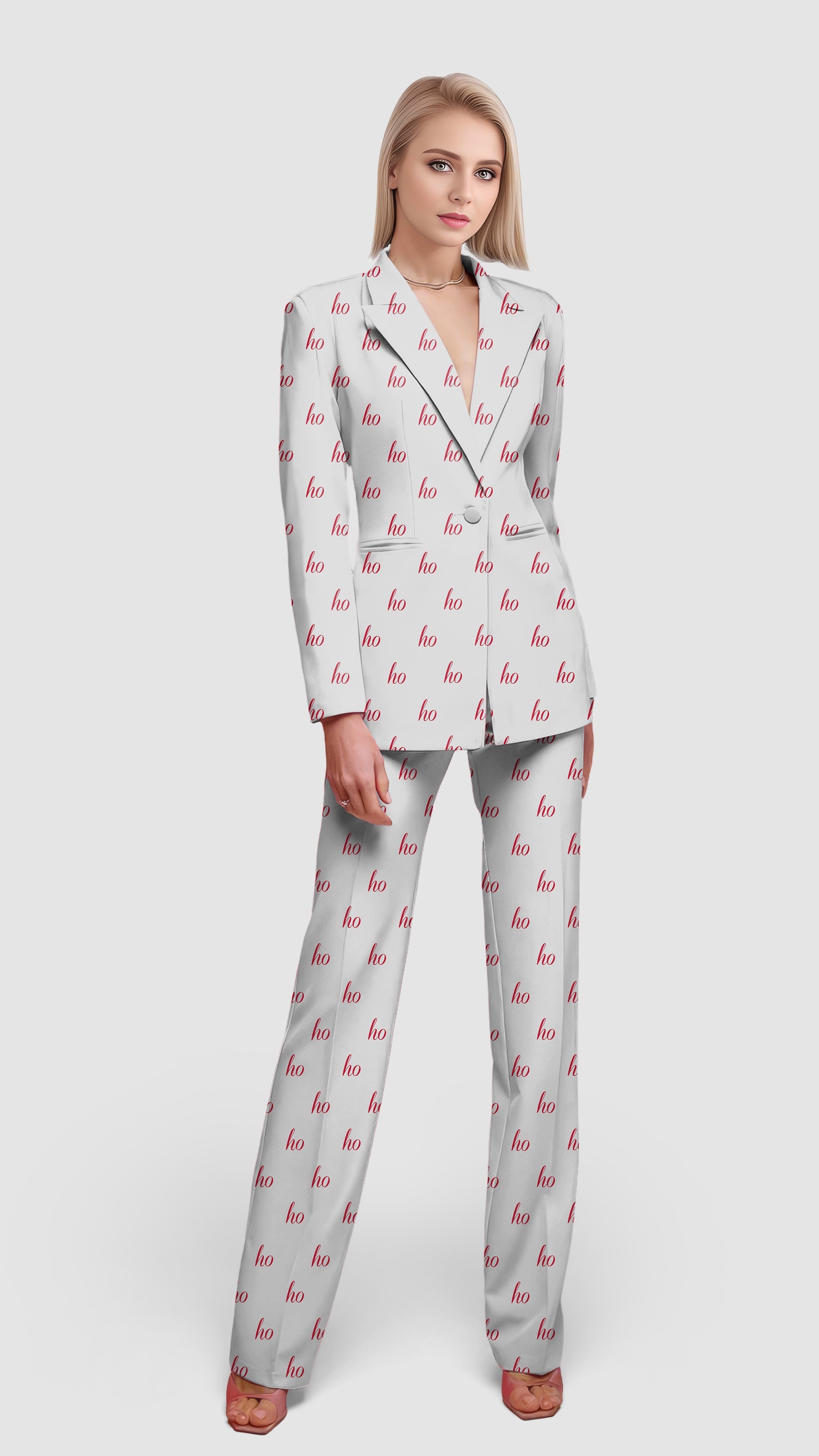 Grey women's blazer suit set with custom name print, casual office and holiday style