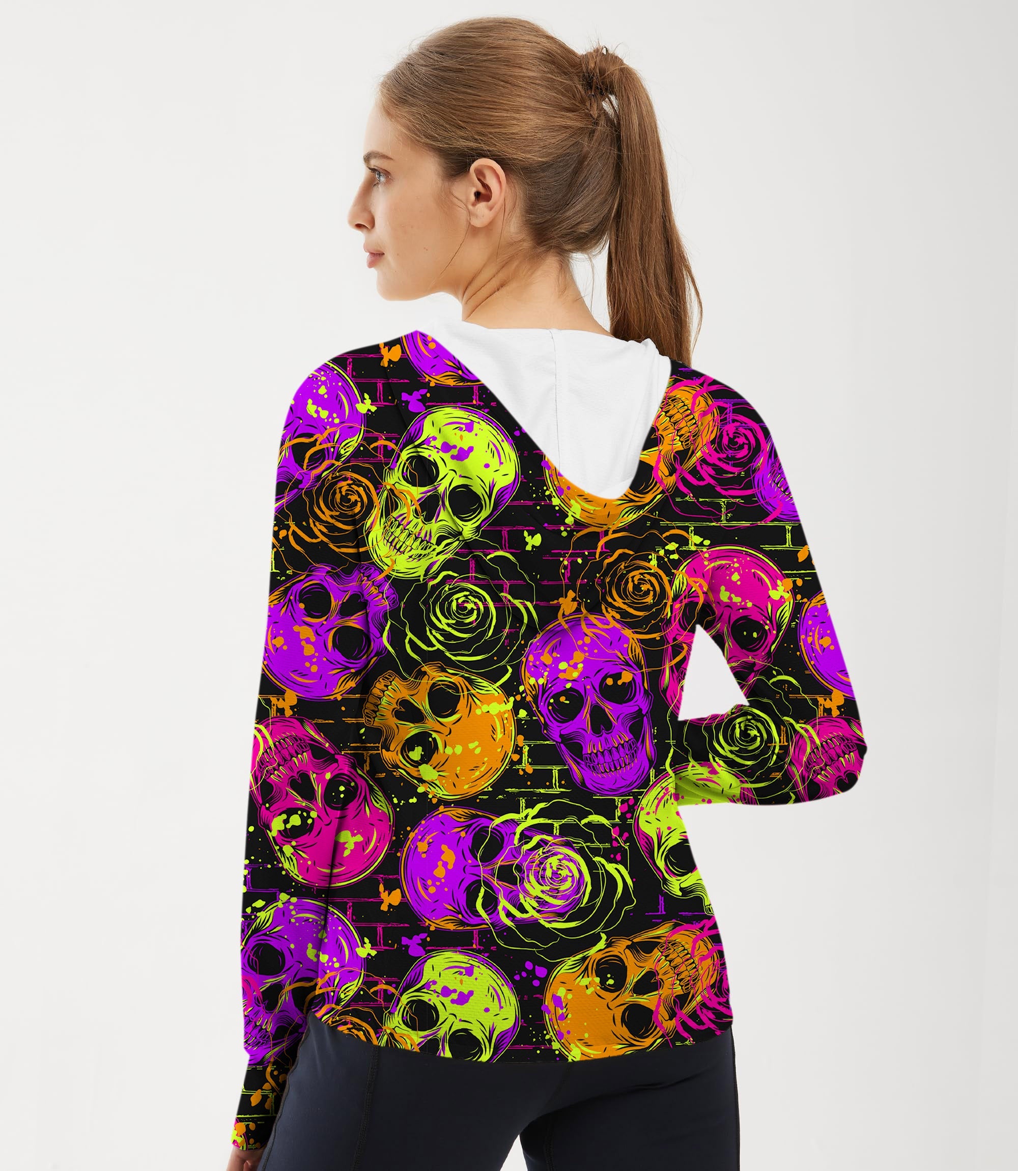 Women's outdoor slim fit zip hoodie with Halloween colors skull pattern for sun protection