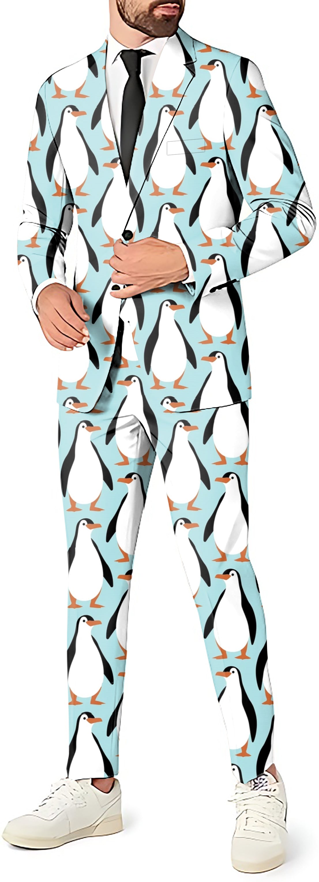 Men's Penguin Party costume suit with blazer, pants, and vest in penguin print, slim fit, stylish and machine washable.