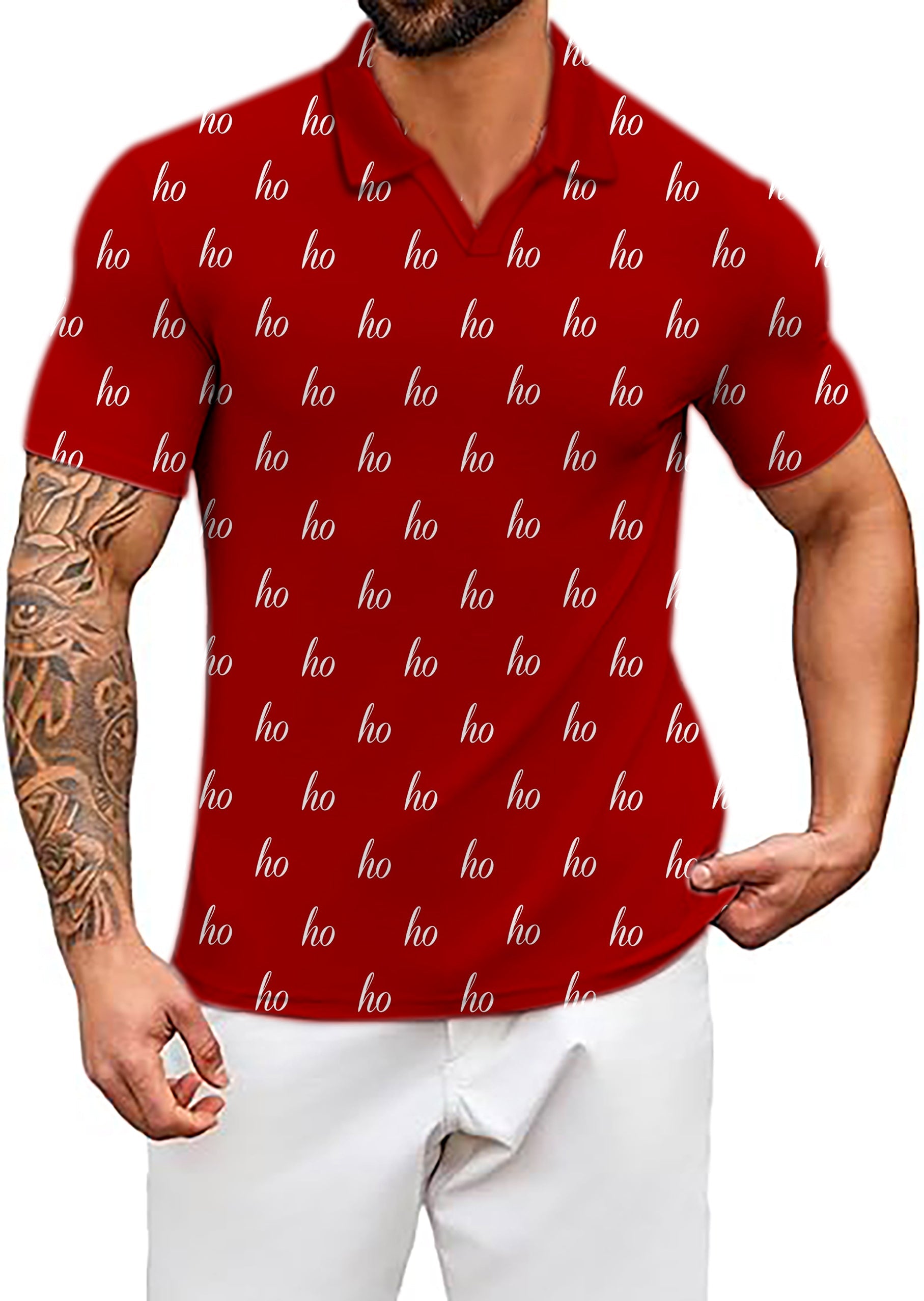 Men's red custom name Christmas polo shirt with ho print, classic fit and four-way stretch