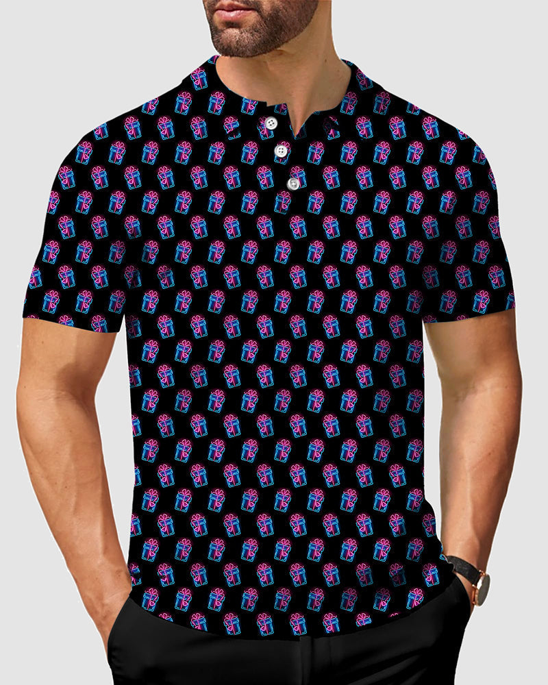 Men's Christmas gift Polo with festive gift box pattern, customizable, moisture-wicking, wrinkle-resistant, UPF 40+, and classic fit polo shirt with stay-right collar.