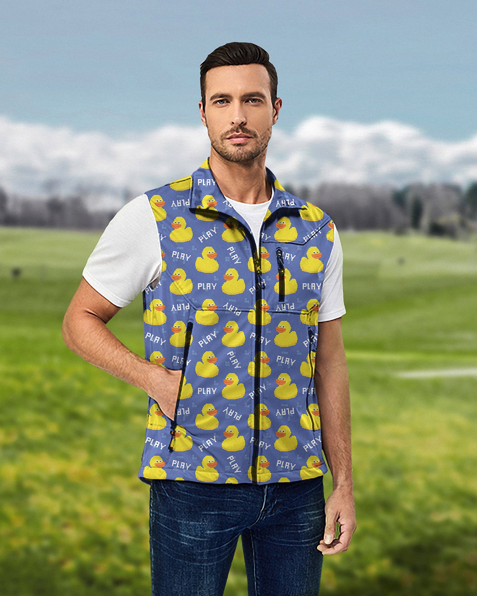 Men's Yellow duck Lightweight Softshell Vest Sleeveless Jacket for Golf Windproof Waterproof
