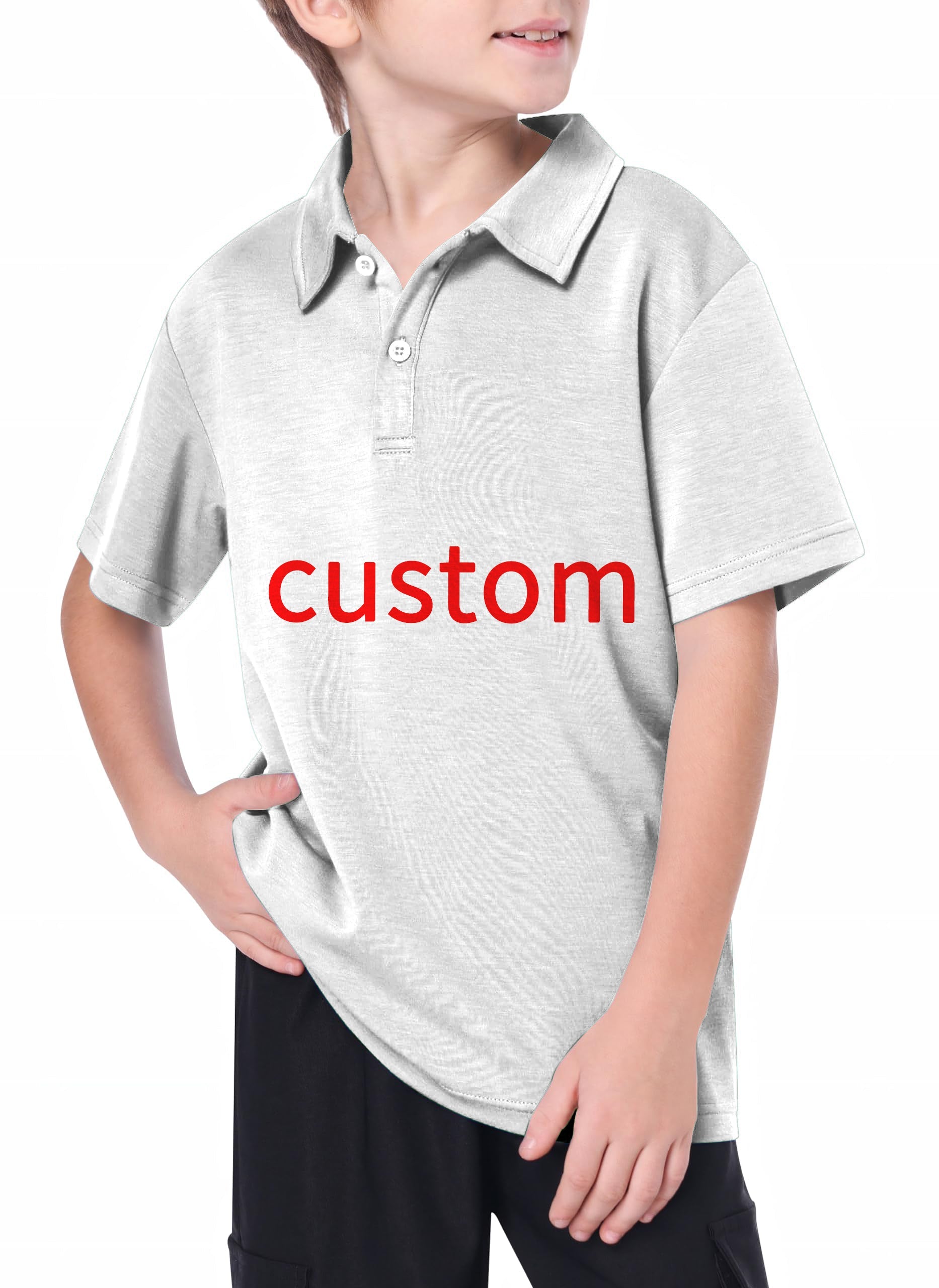 Youth wearing custom own logo golf polo shirt in light gray