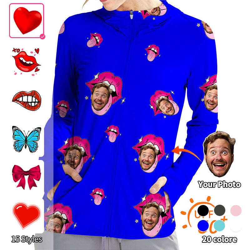 Valentine's Day Women's Outdoor Custom Photo Face Custom Color Royal Love Golf Sun Protection Slim Fit zip hoodies