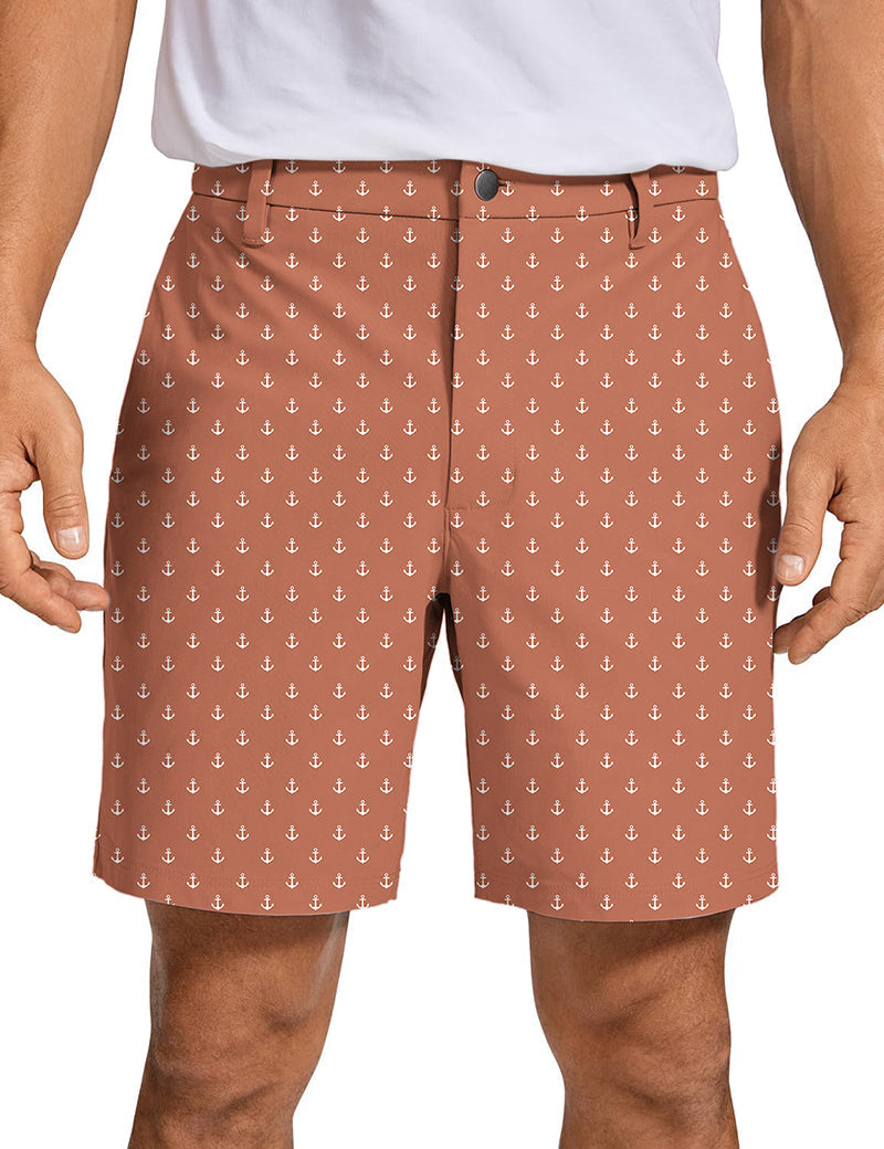Men's dark orange golf shorts with white anchor pattern, quick-dry and lightweight fabric