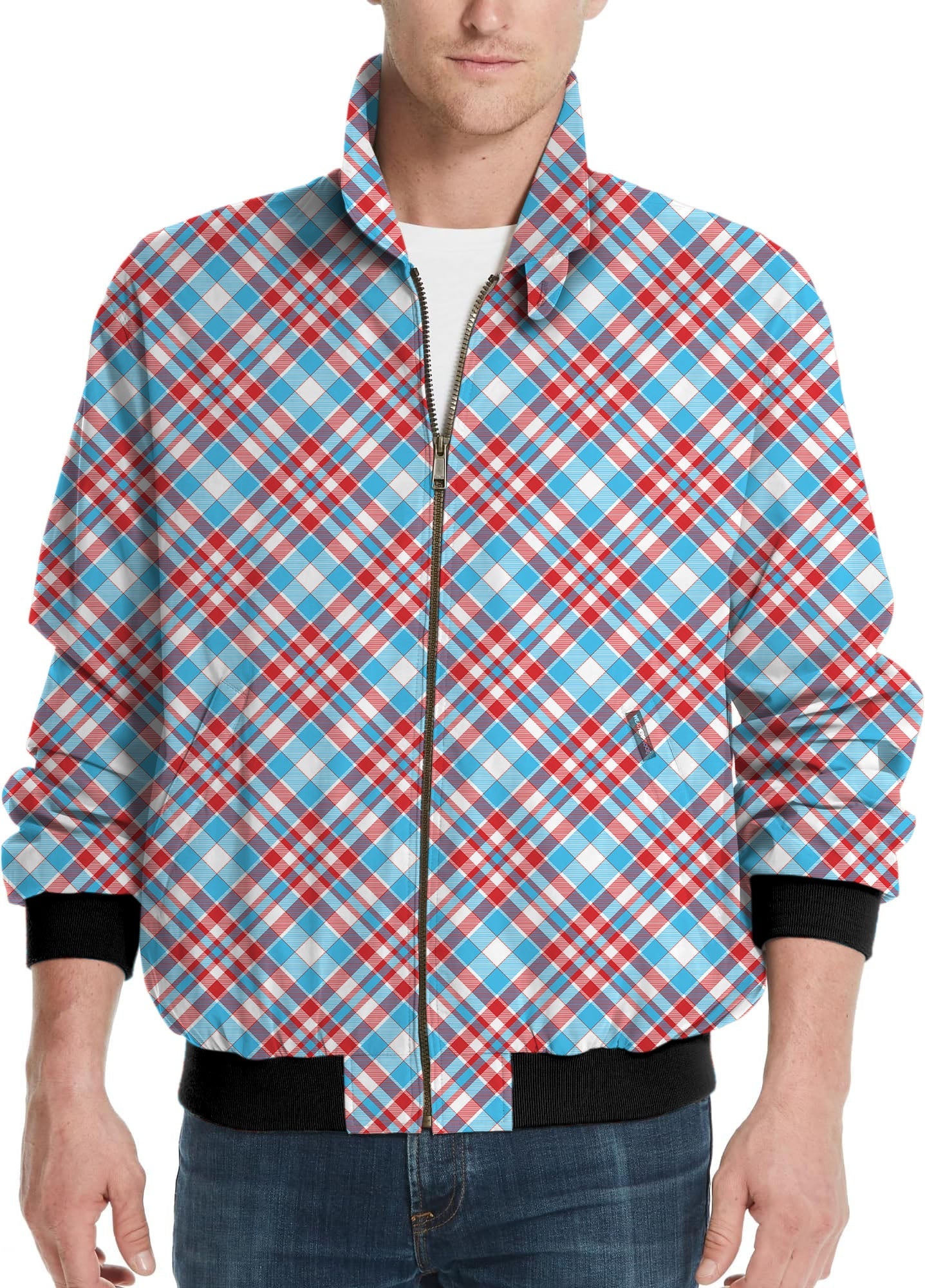 Men's golf windbreaker light jacket with red and blue argyle pattern