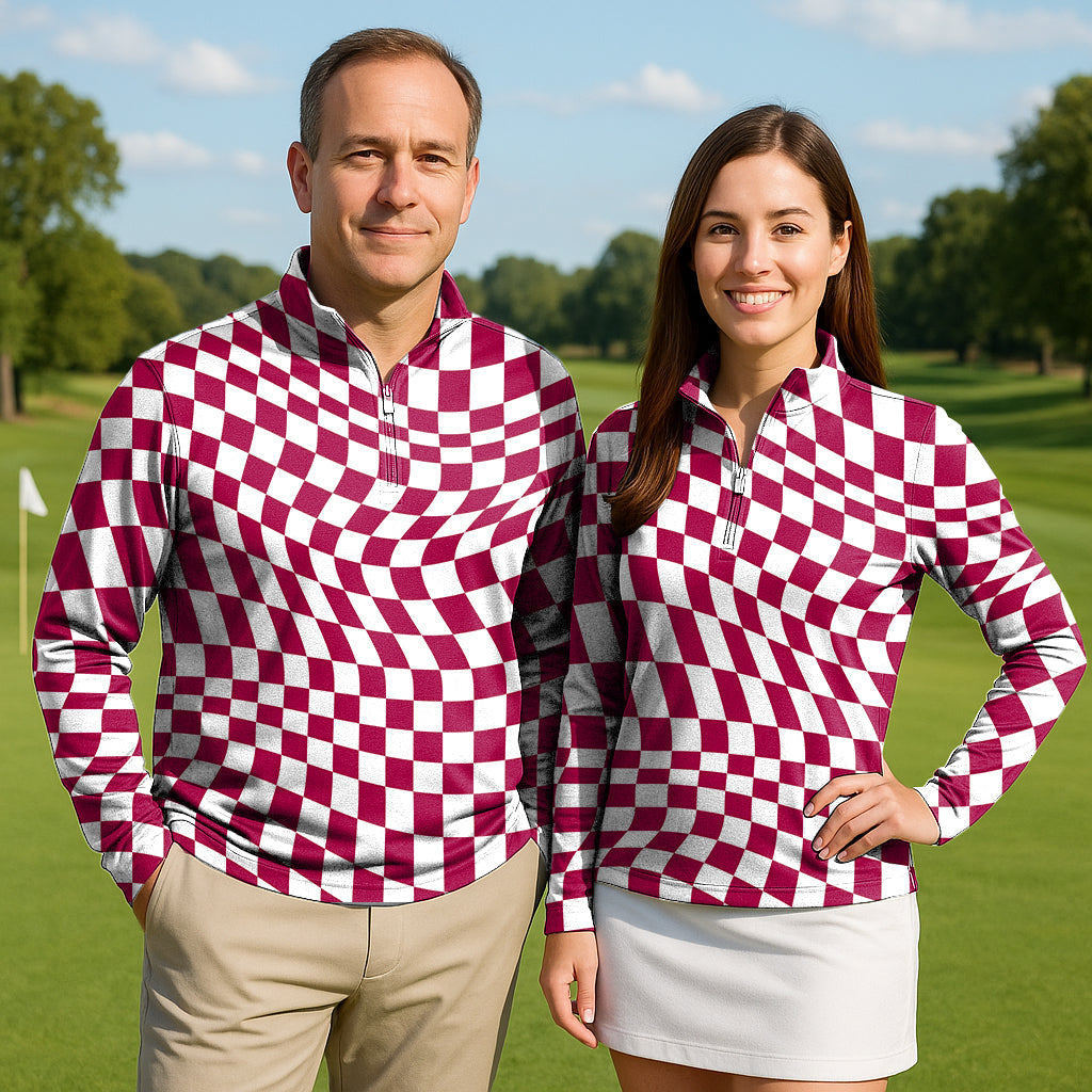 Distorted Space Couple Golf Active 3/4 Zip Top in red and white checkered pattern worn by man and woman on golf course