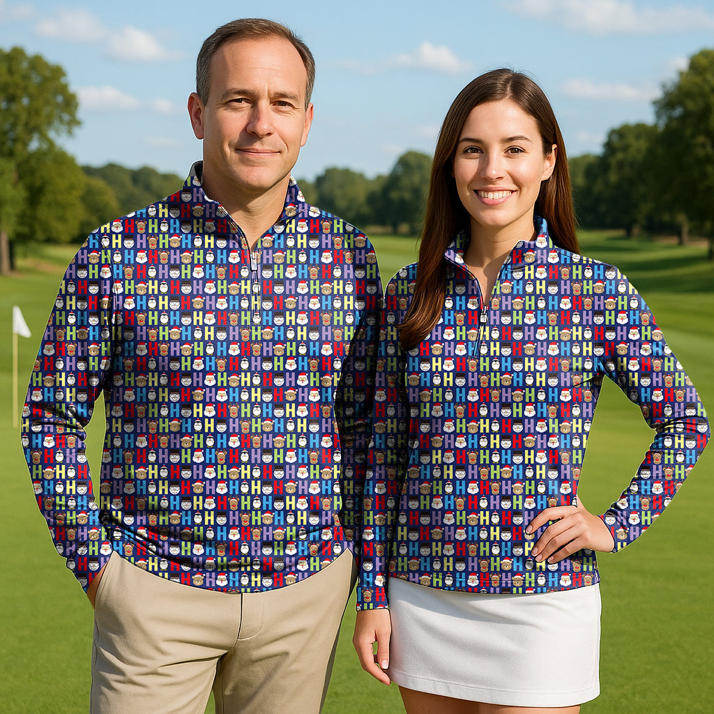 Cartoon H Elk couple wearing Christmas golf active 3/4 zip tops with long sleeves on golf course