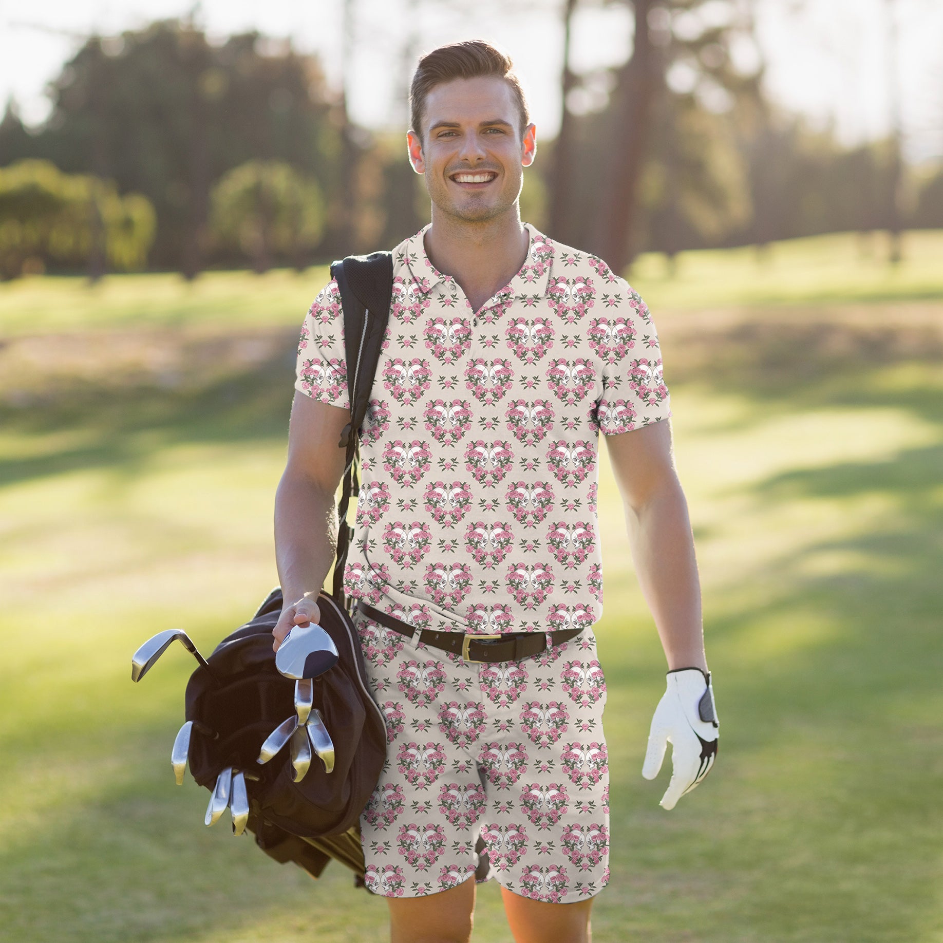 Men's Golf Set Polo+Shorts Halloween Skull Rose