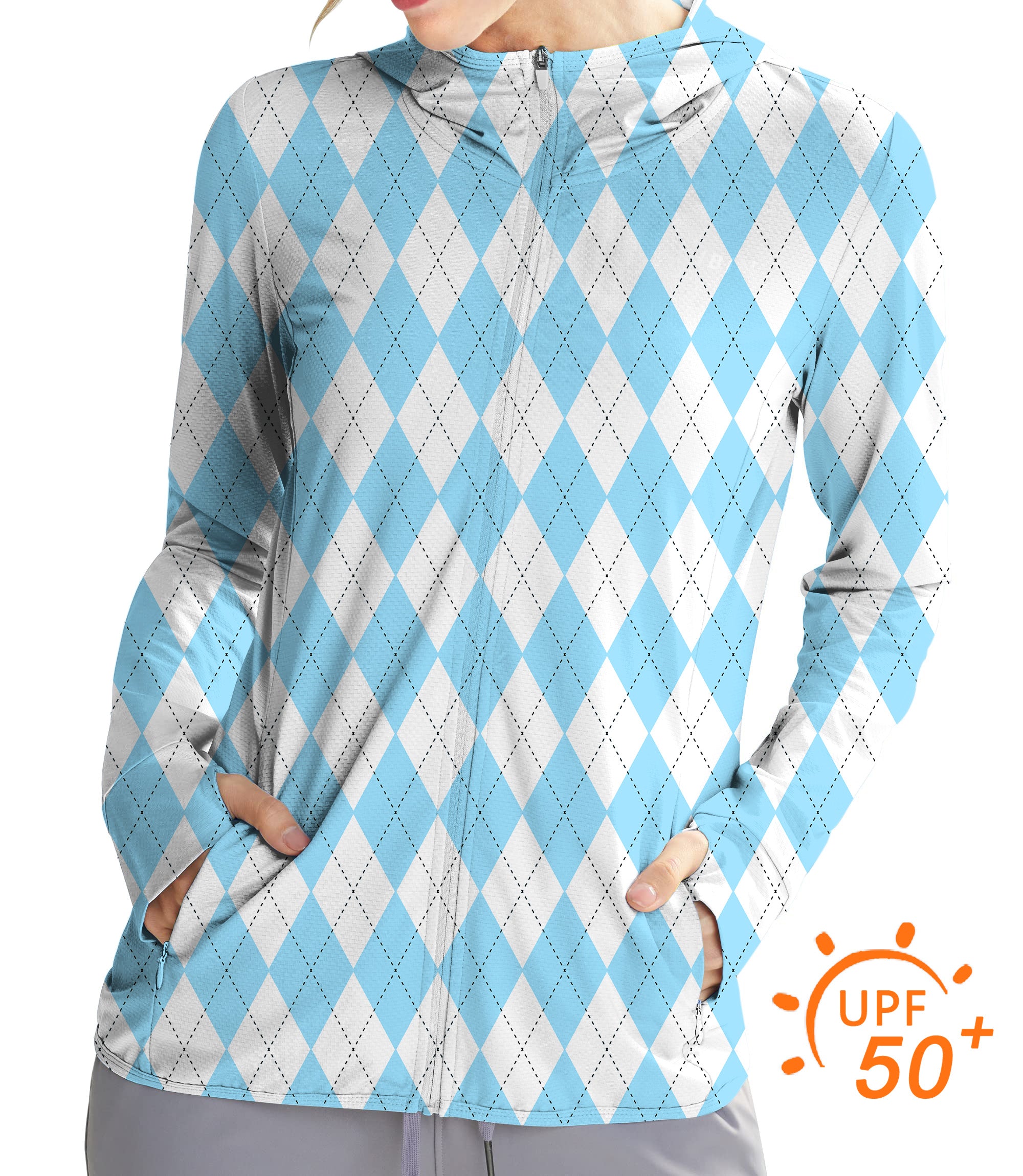 Women's Outdoor Blue diamond grid Argyle Golf Sun Protection Slim Fit zip hoodies