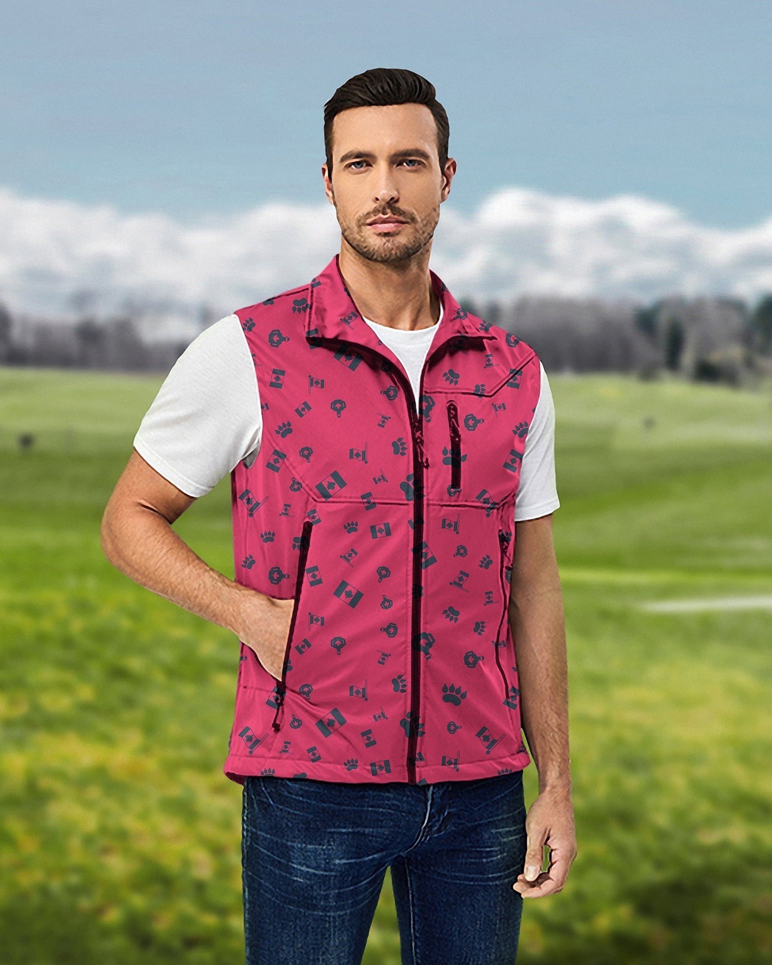 Men's Canadian Flag paw print red softshell vest sleeveless jacket for golf, windproof and waterproof