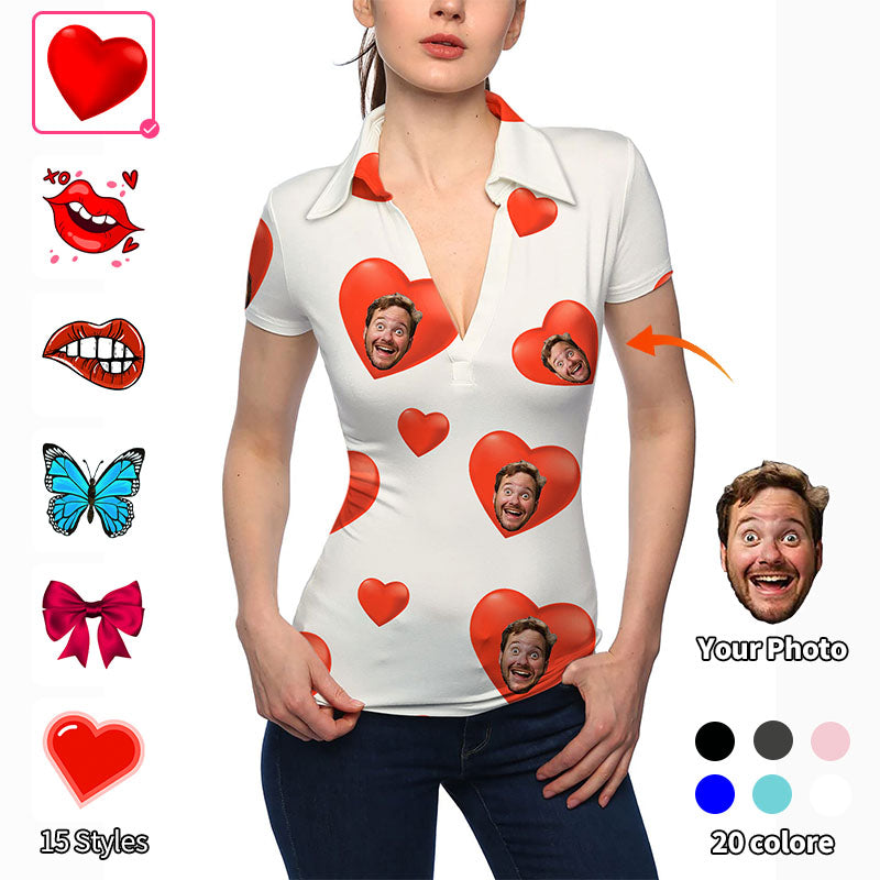 Valentine's Day Women's Custom Photo Face Custom Color White V Neck Golf Polo
