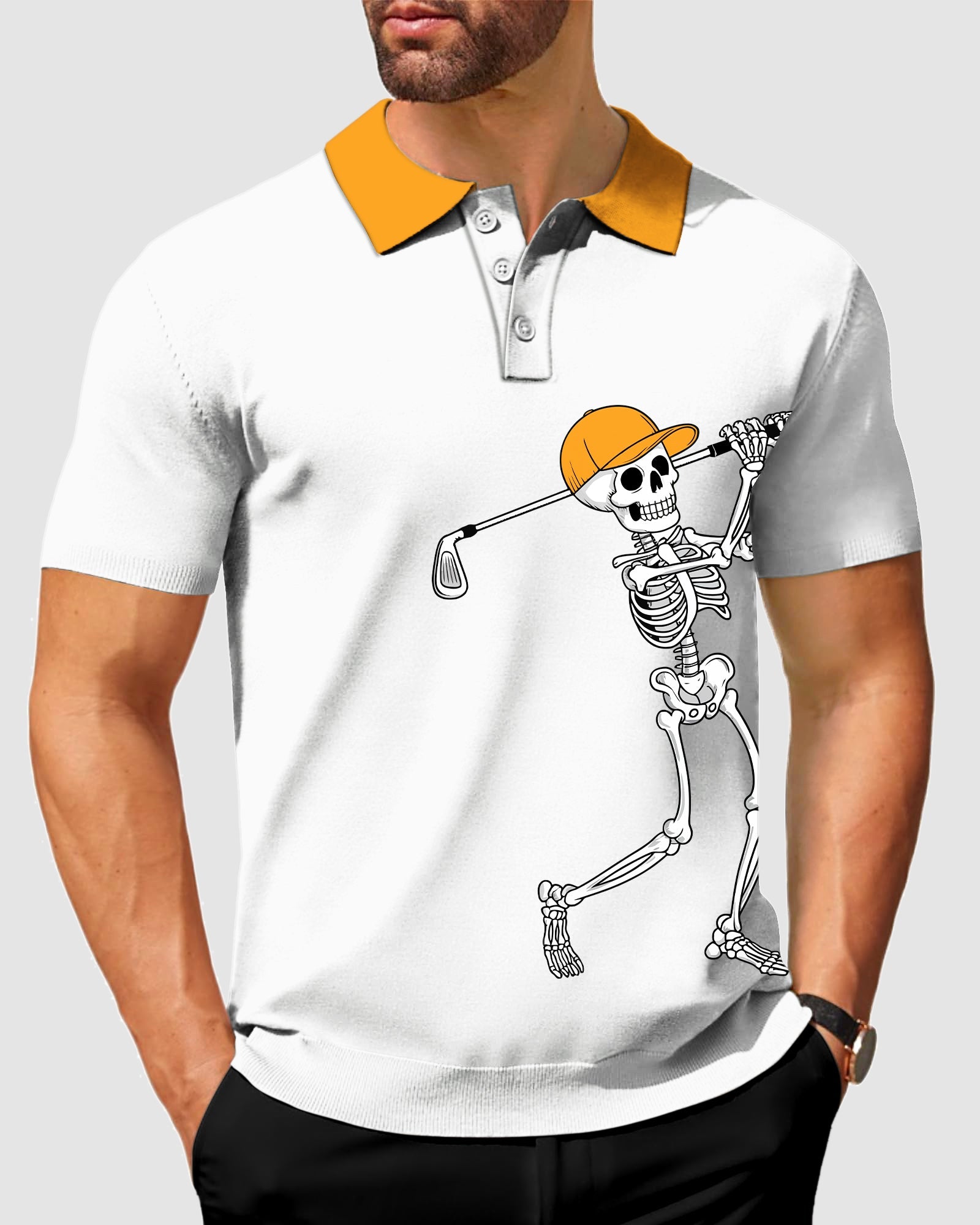 Men's white Halloween golf polo with pumpkin orange collar and skeleton golfer design