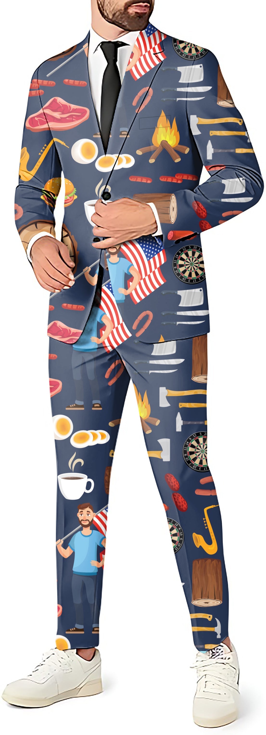 American Dream Men's party costume 3-piece suit with blazer, pants, and vest featuring playful American-themed prints
