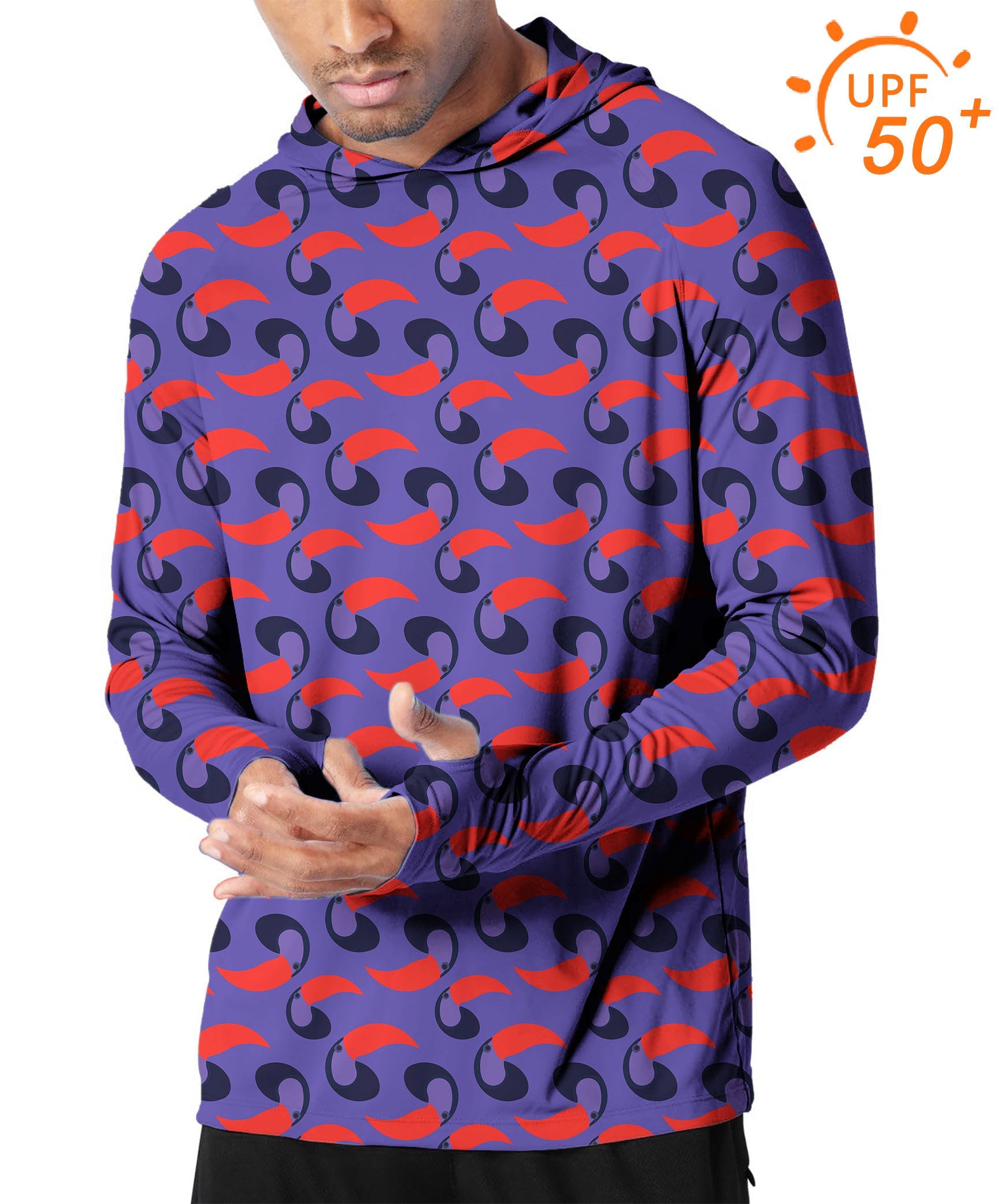 Men's outdoor purple toucan slim fit golf sun protection hoodie with UPF 50+ fabric