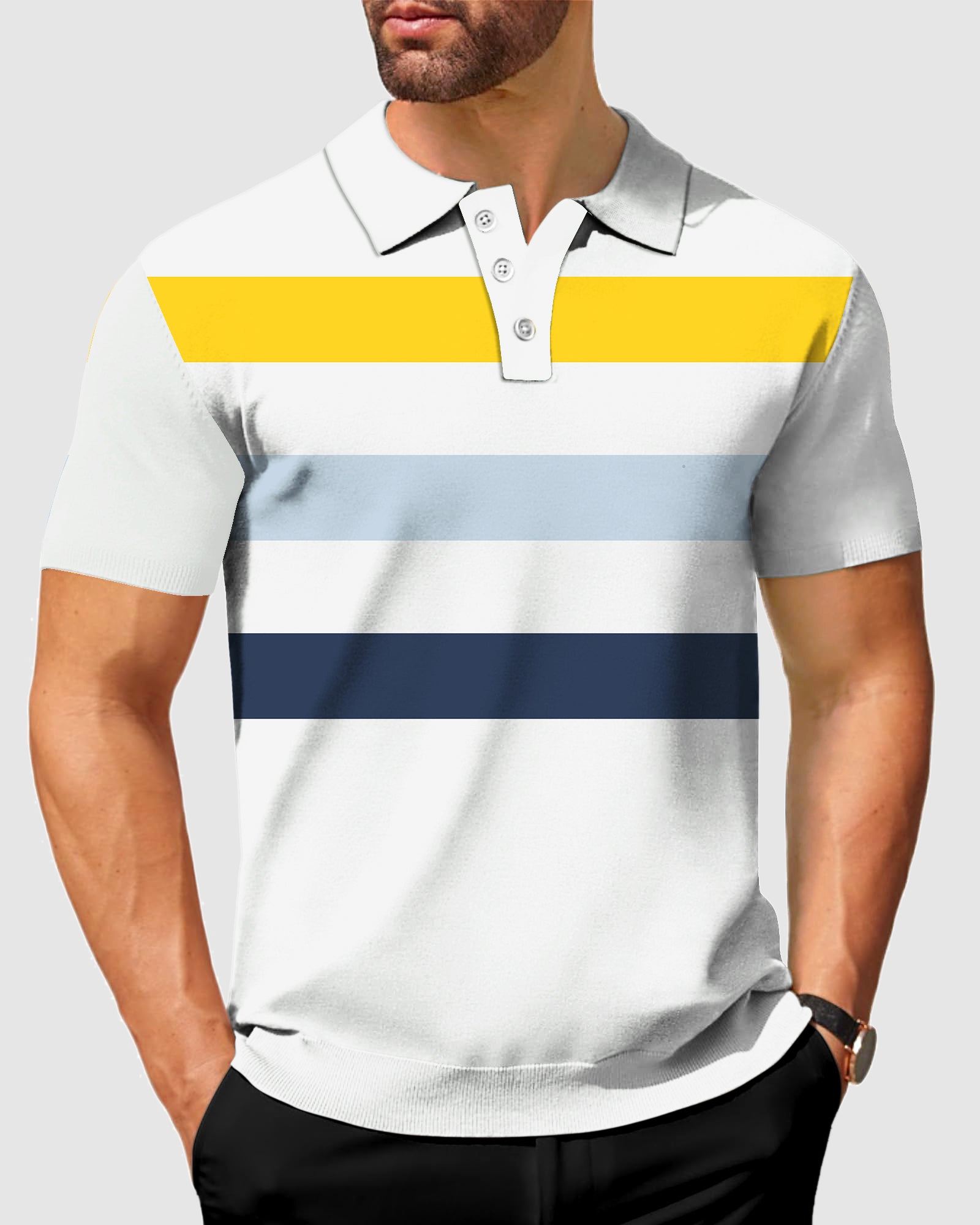 Men's polo shirt with thick horizontal yellow, light blue, and navy stripes, classic fit, and collar