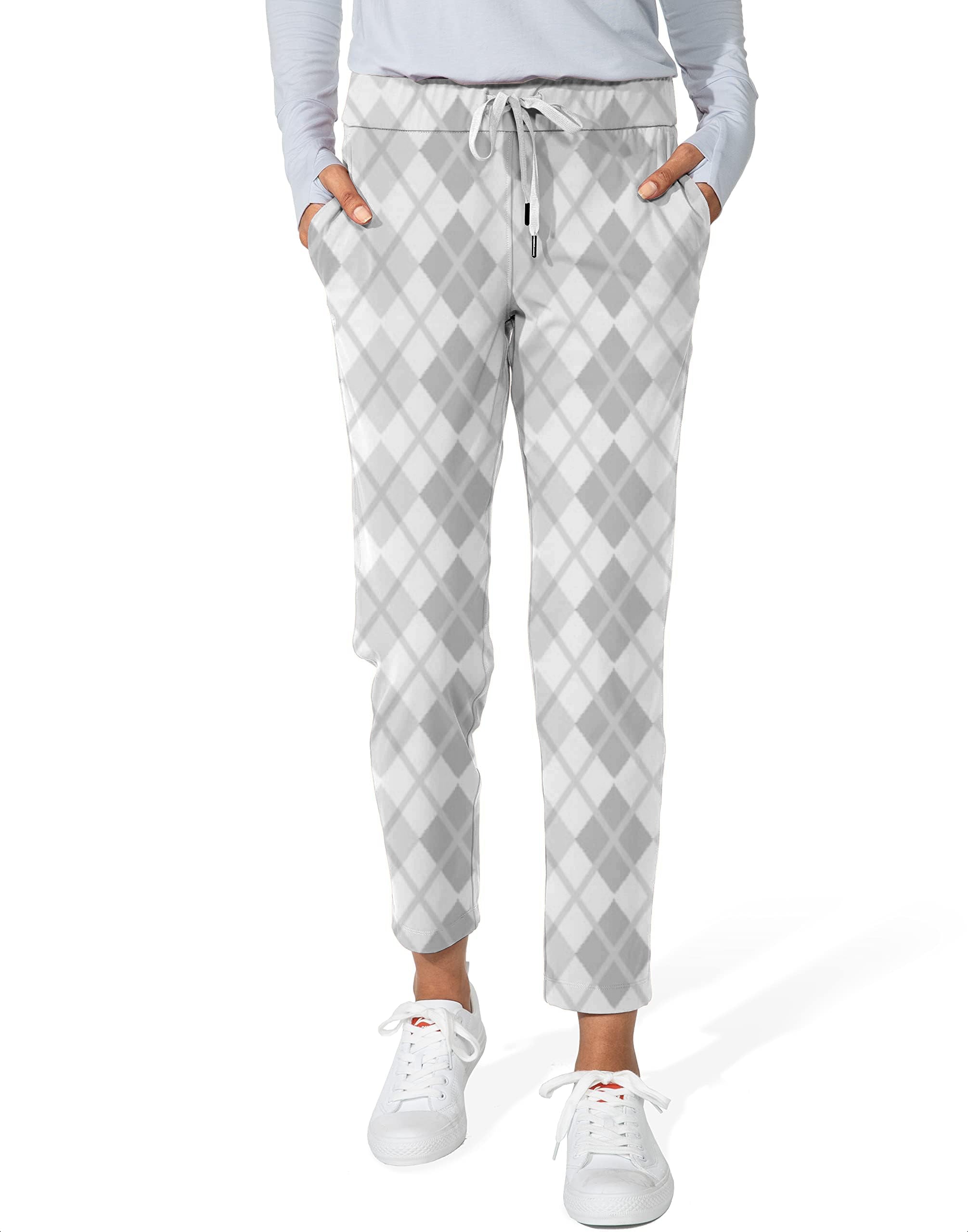 Women's Argyle grey grid stretch ankle golf pants with drawstring waist