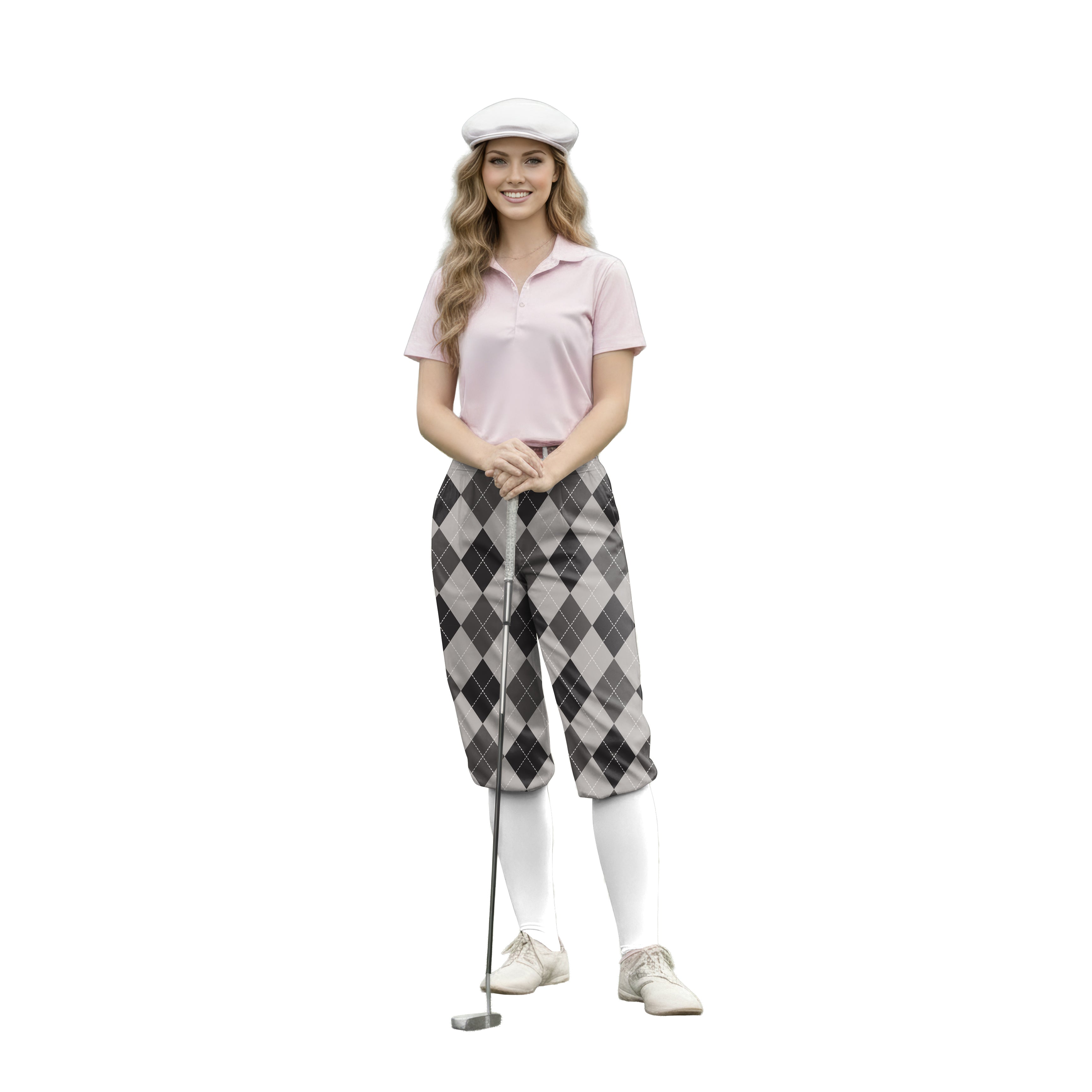 woman wearing grey Argyle womens golf knickers with pink polo and white cap holding golf club
