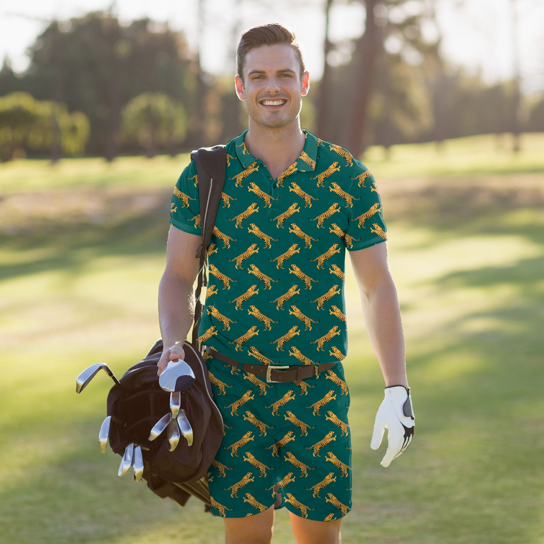 Men's golf set polo and shorts in green tiger print with four-way stretch, moisture-wicking, wrinkle-resistant fabric, and UPF 40+ protection