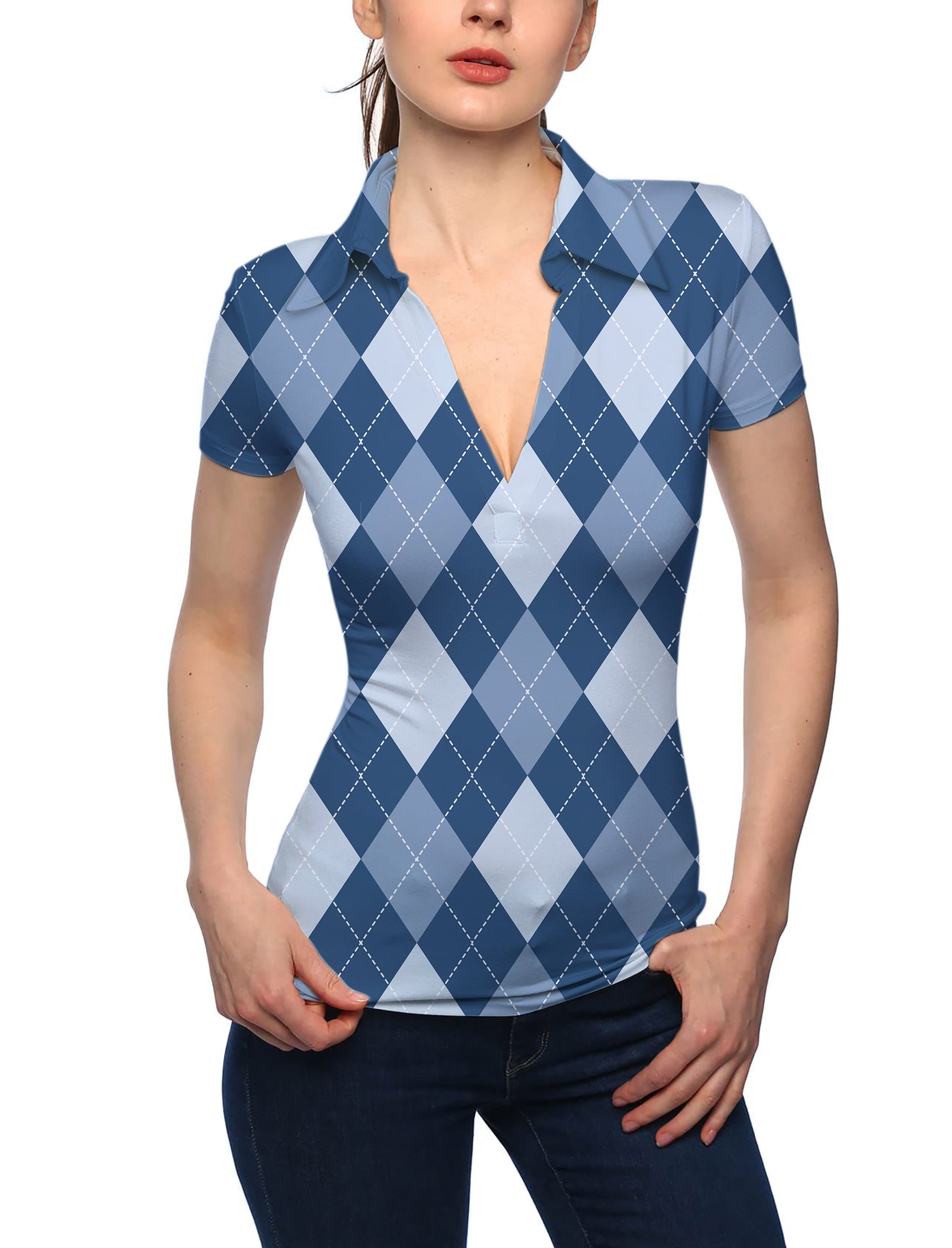Women's blue Argyle V Neck Golf Polo