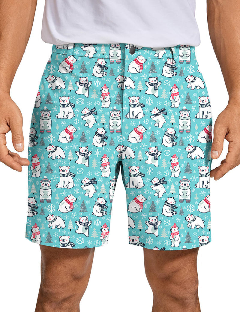 Men's Christmas white bear golf shorts with festive polar bear pattern on light blue fabric