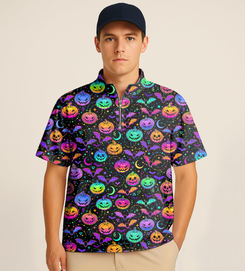 Half zipper turtleneck golf shirt with neon Halloween pumpkin embroidery and short sleeves