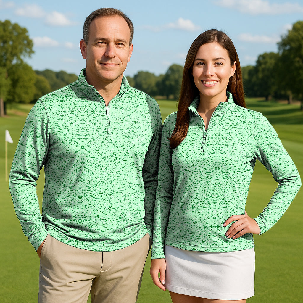 Graffiti Greens Couple Golf active 3/4 zip tops in green speckled fabric, lightweight and sun-safe golf wear for men and women