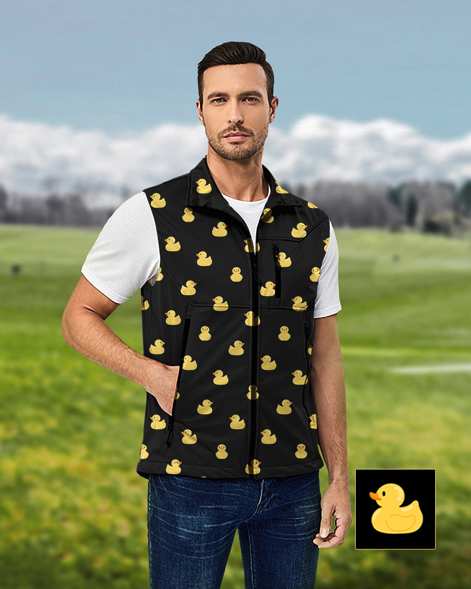 Men's yellow rubber duck print black softshell golf vest sleeveless waterproof windproof jacket