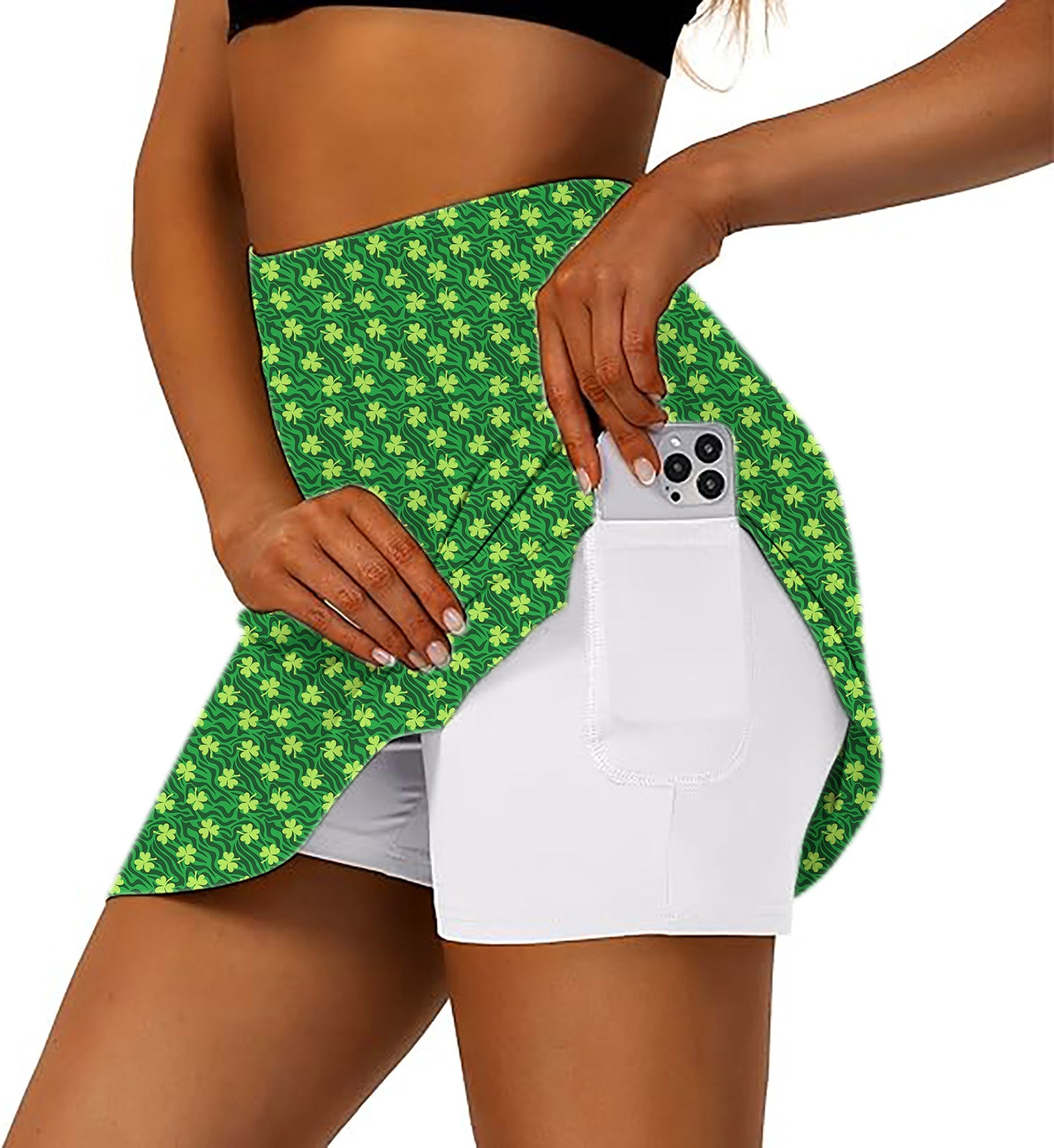 Women's Leaf clover Green zebra St Patrick's Day athletic golf skort with phone pocket
