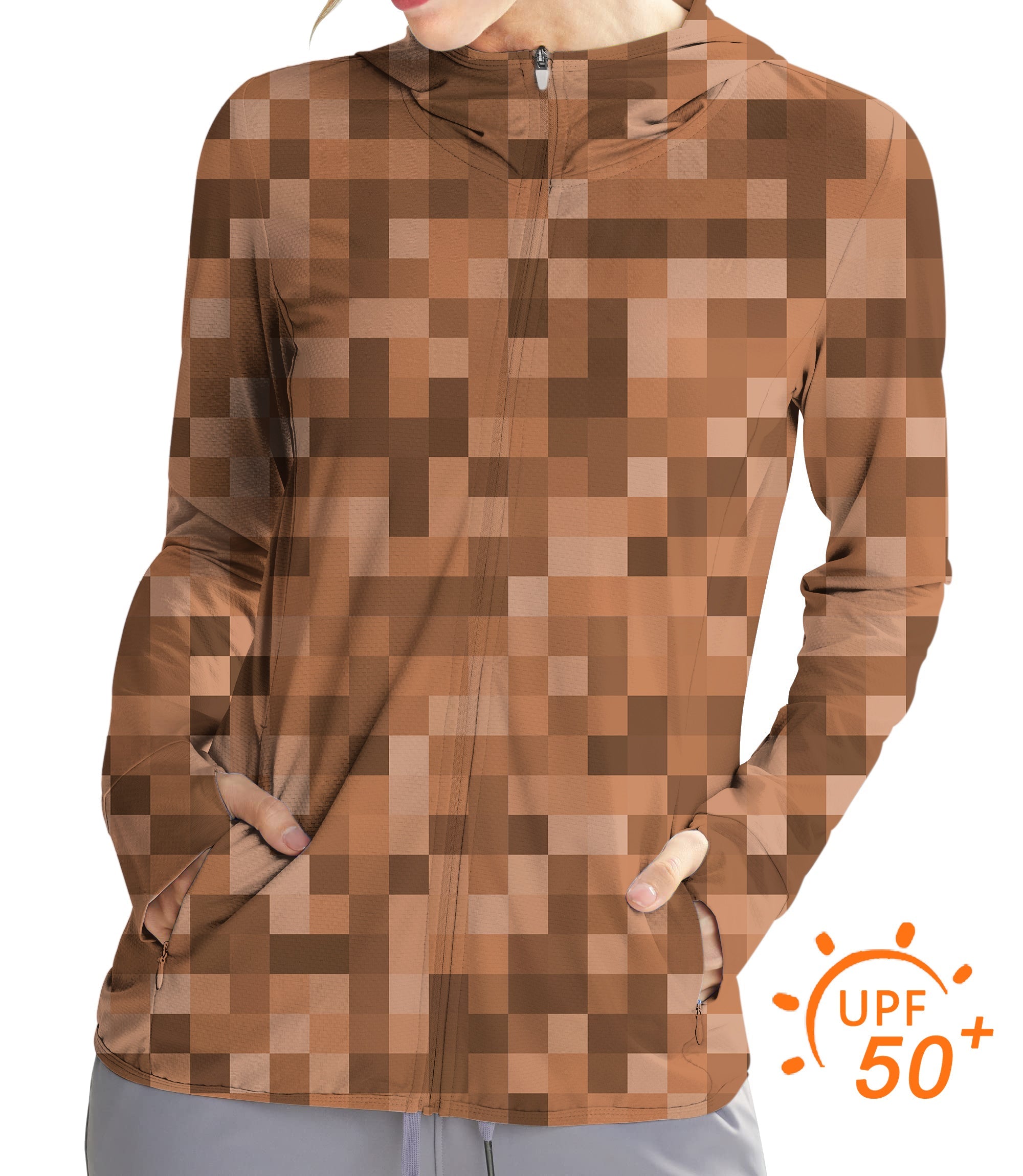Women's outdoor brown pixel golf sun protection slim fit zip hoodie with UPF 50+ and thumb holes