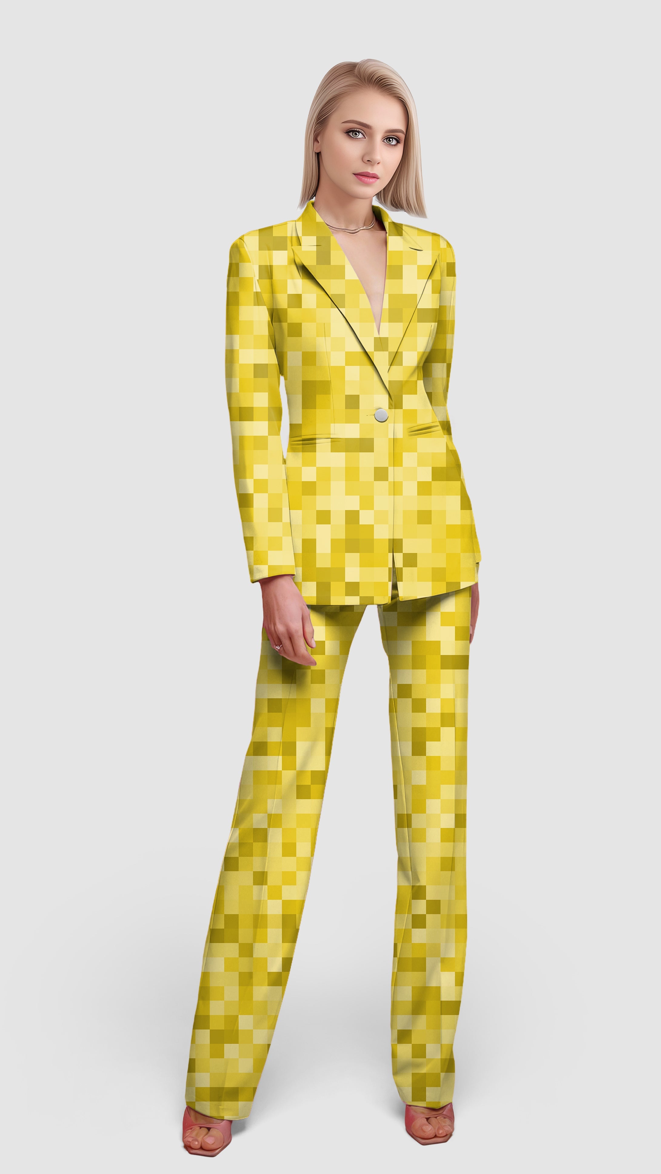 Yellow pixel pattern women's blazer suit set with lapel collar and single front button, paired with matching trousers.
