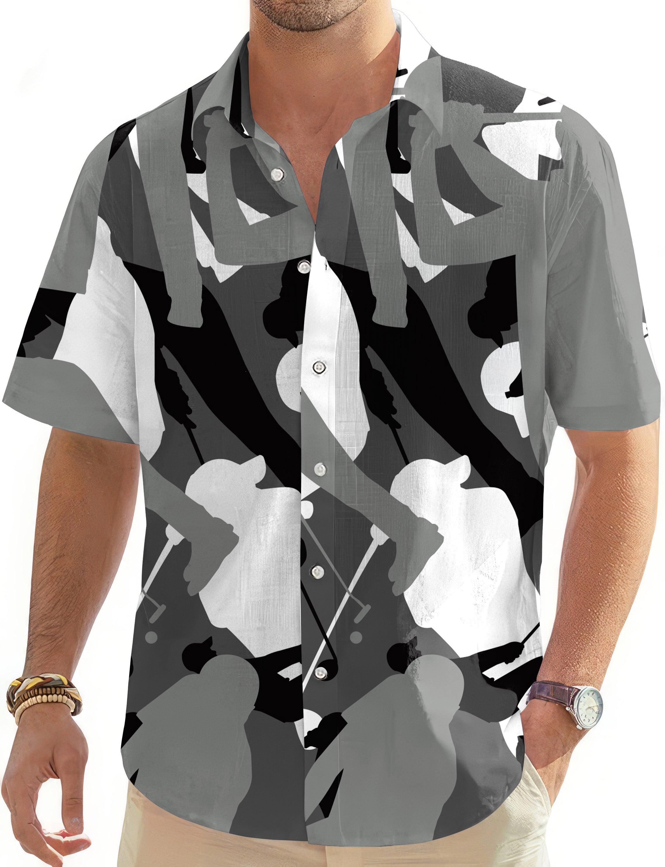 Black and white golf themed men's button down Hawaiian shirt with short sleeves and classic collar.