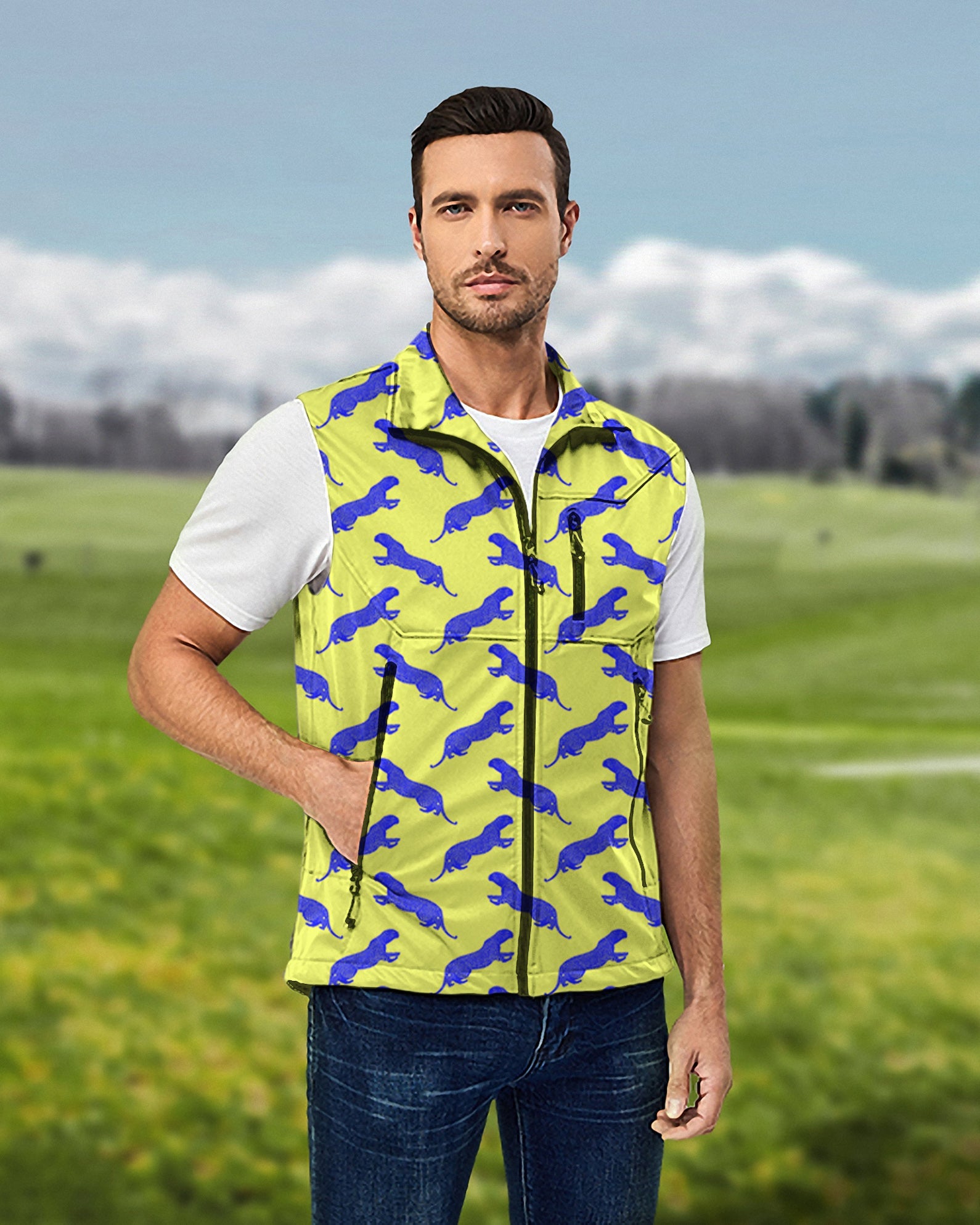 Men's blue leopard sleeveless softshell vest for golf, windproof and waterproof jacket