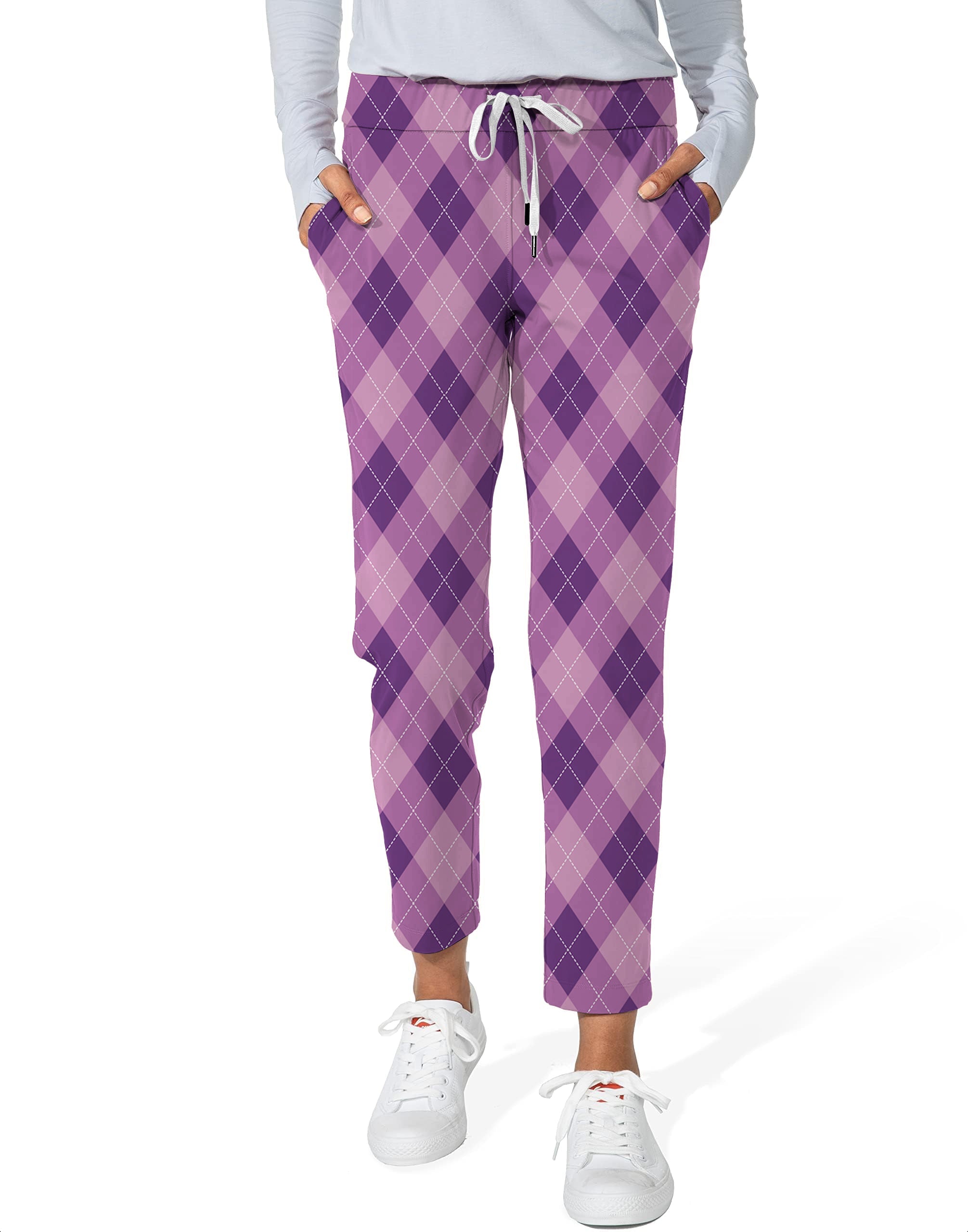 women's purple Argyle 7/8 stretch ankle golf pants with drawstring waist