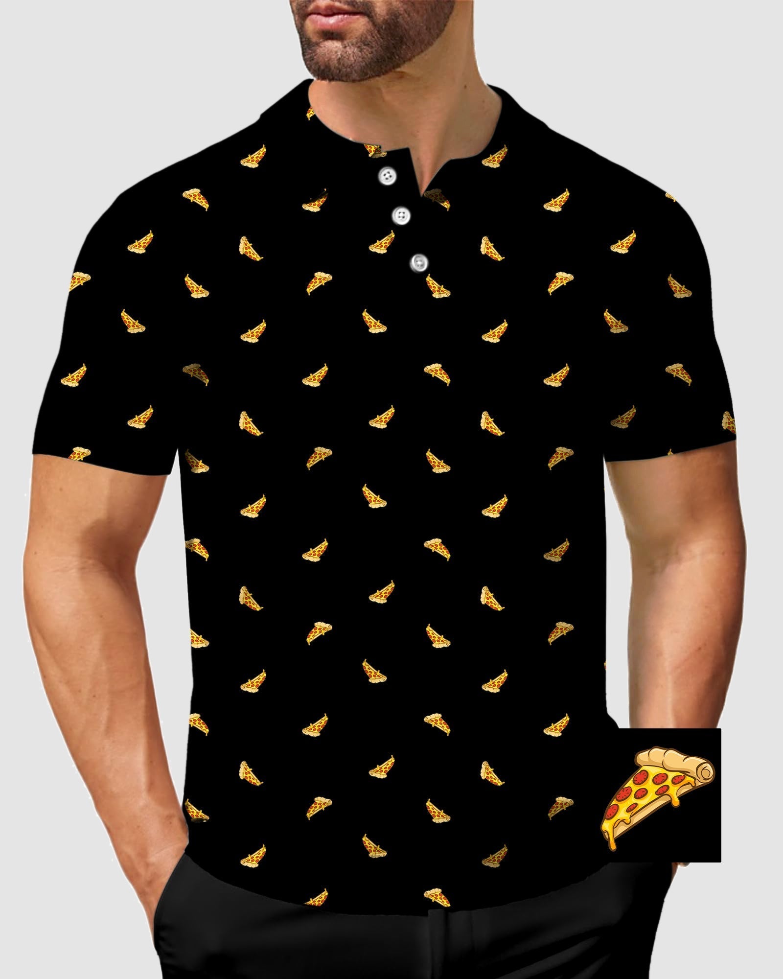 Men's black polo shirt with small delicious white pizza slice patterns, customized design, classic fit, and moisture-wicking fabric