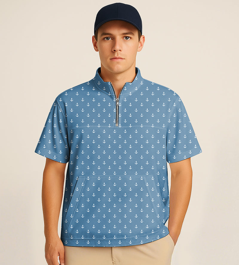 Sea blue half zipper turtleneck golf shirt with anchor embroidery and short sleeves