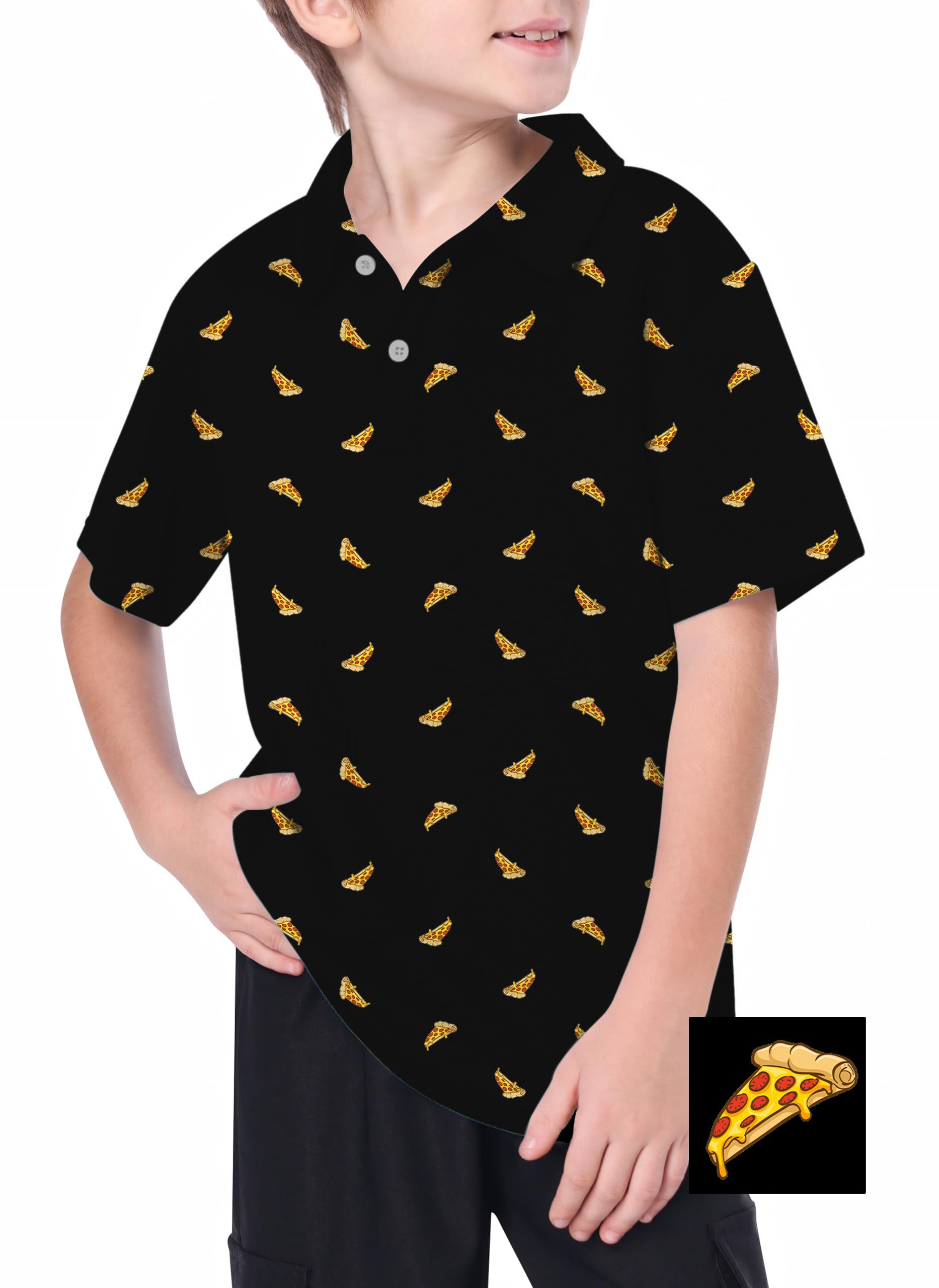Youth golf polo with white pizza slice pattern on black background, moisture-wicking and UPF 40+ material