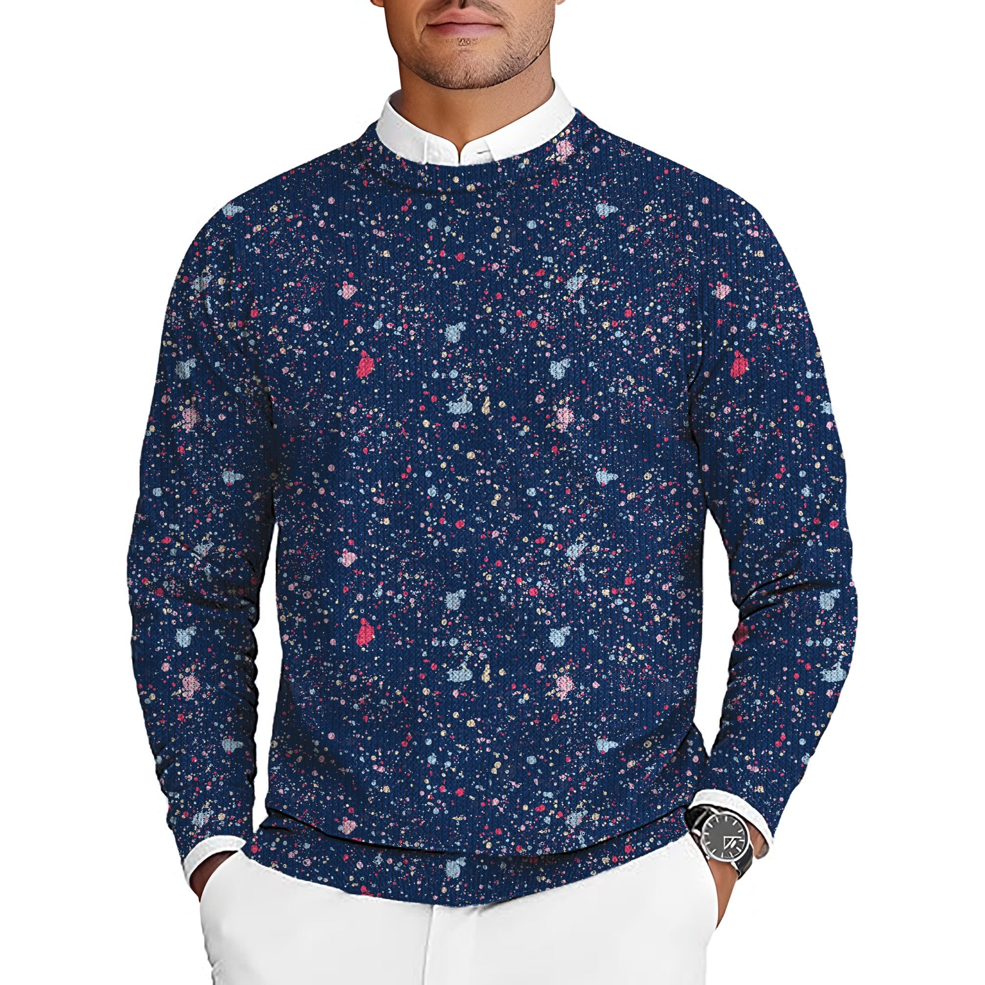 Navy blue ink dots men's golf crewneck pullover sweater with colorful dot pattern