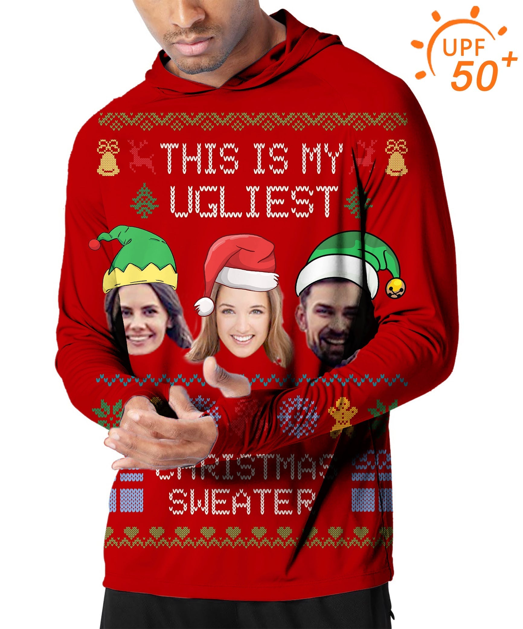 Men's outdoor red Christmas custom face slim fit golf hoodie with UPF 50+ sun protection and unique printed design