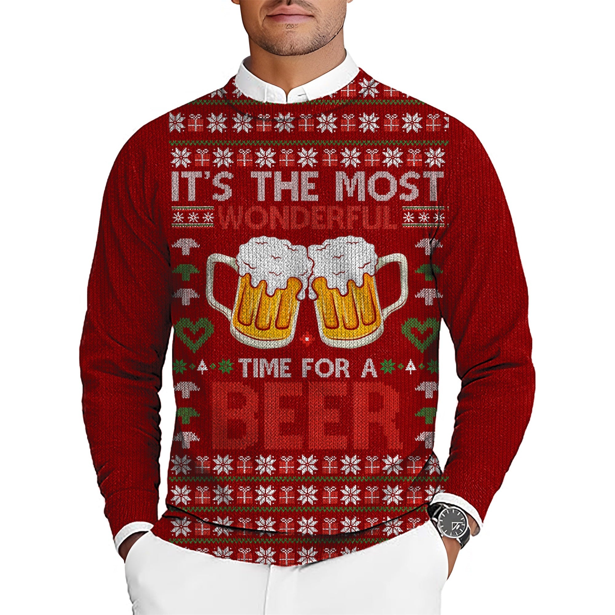 Men's red Golf Crewneck Pullover Sweaters Ugly Sweater with beer mugs and festive Christmas design