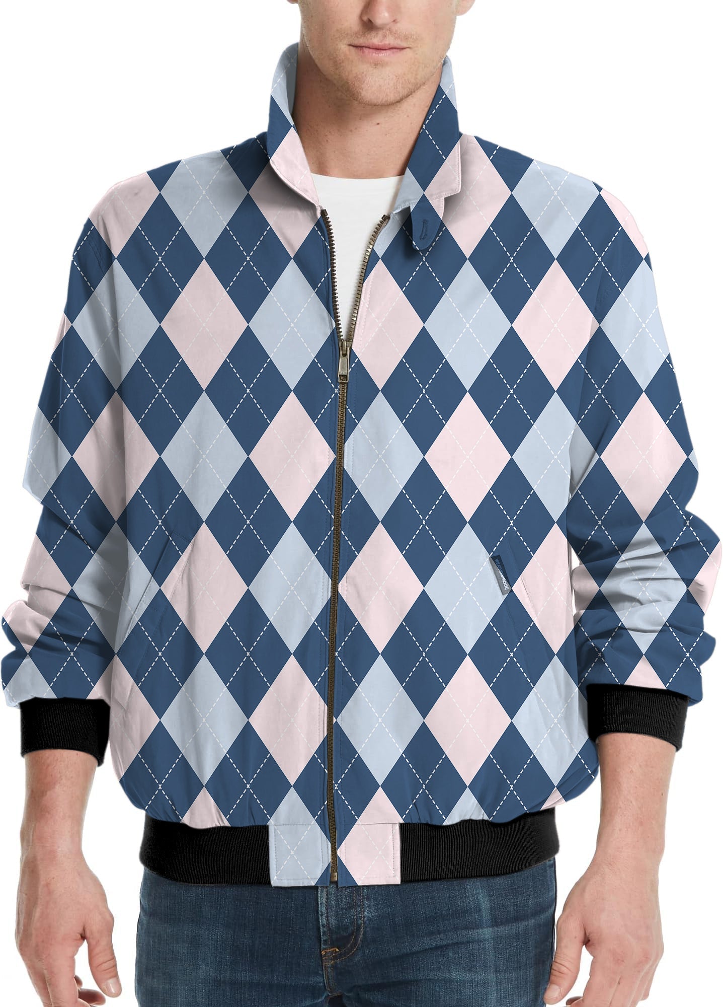 blue Argyle men's golf windbreaker light jacket with diamond pattern and zipper front