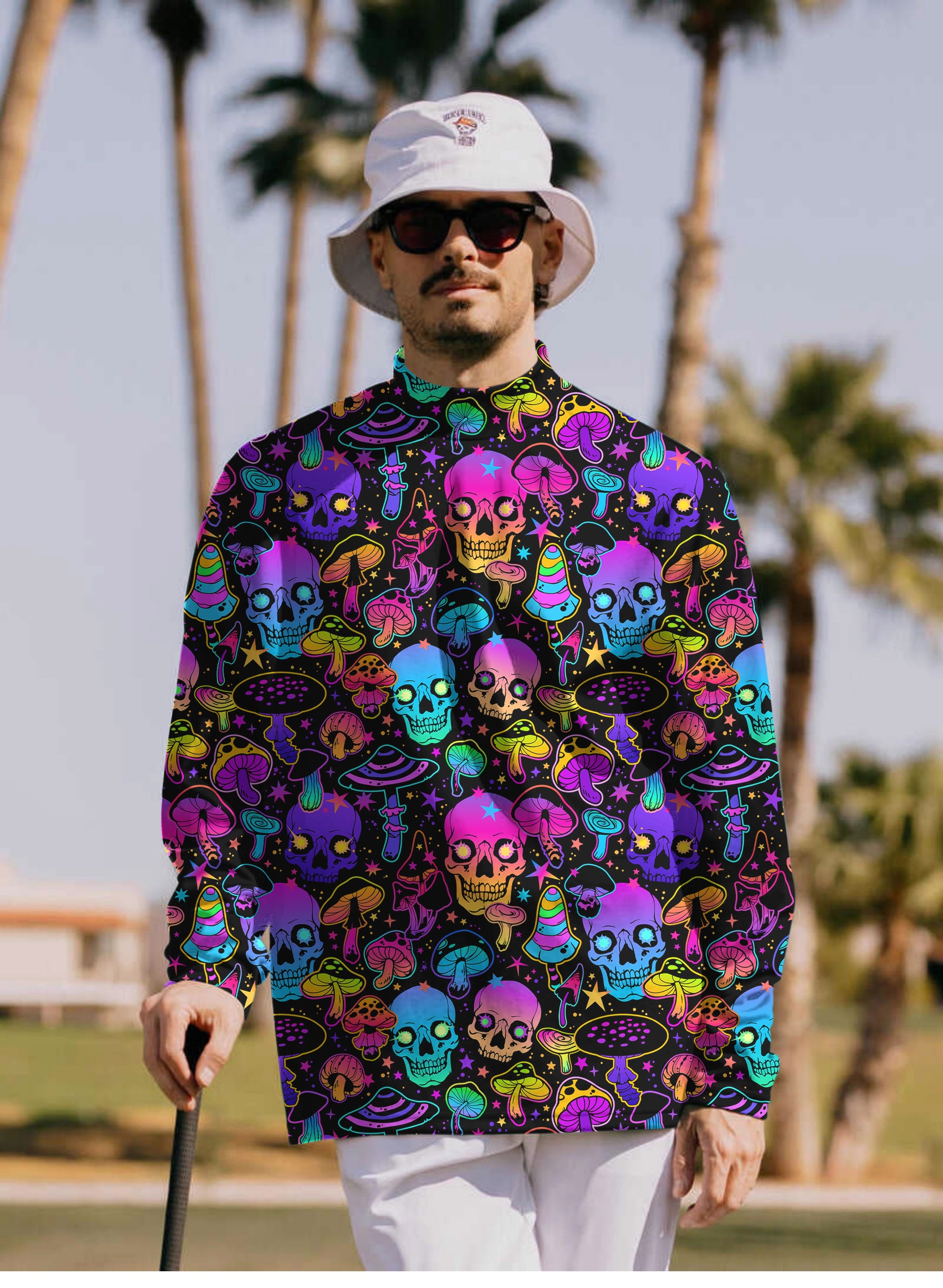 Men's neon skull pullover high neck long sleeve T-shirt with vibrant colorful skull and mushroom design