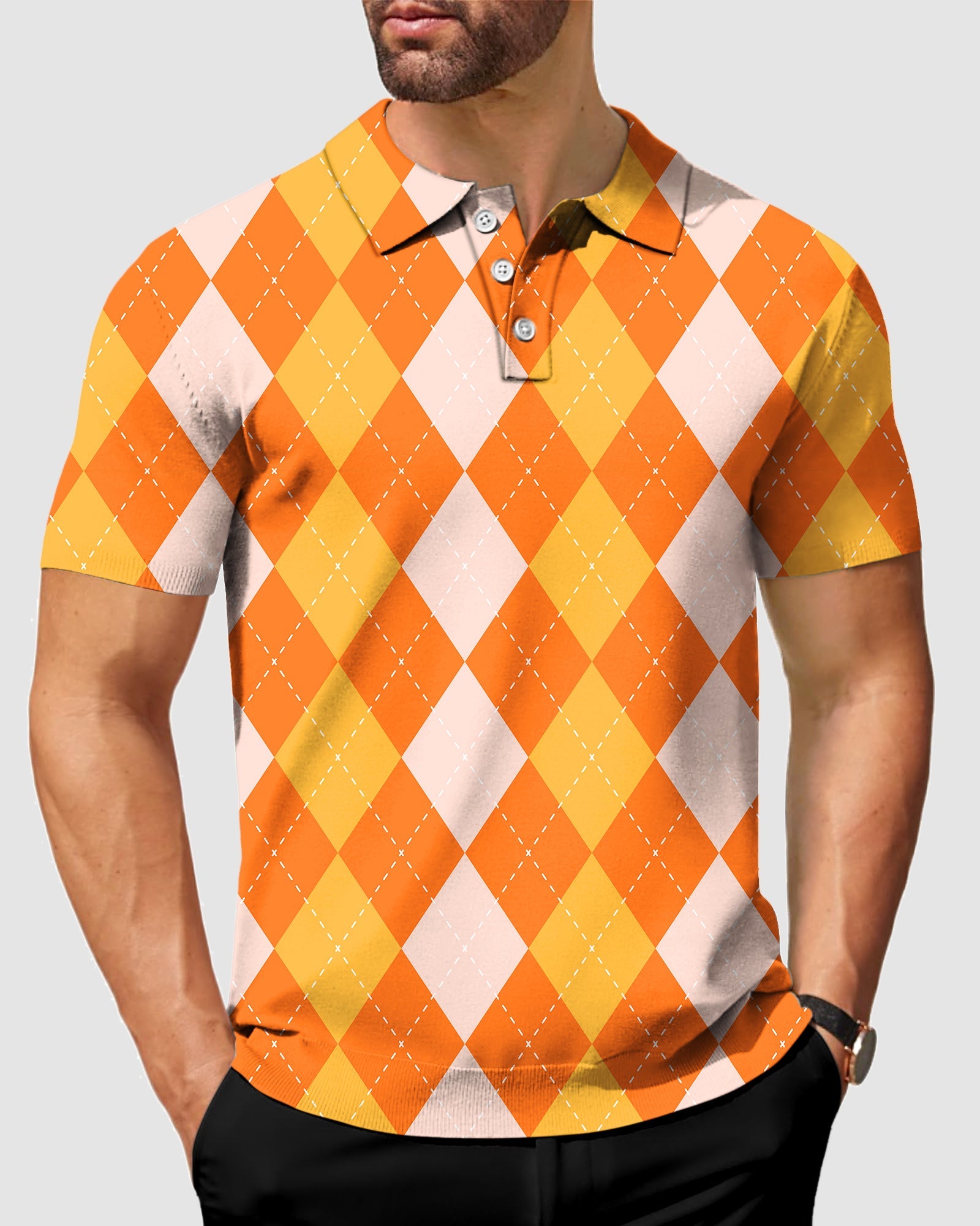 Men's Halloween Orange Apricot argyle polo shirt with four-way stretch, moisture-wicking fabric, wrinkle resistant, UPF 40+, and classic fit