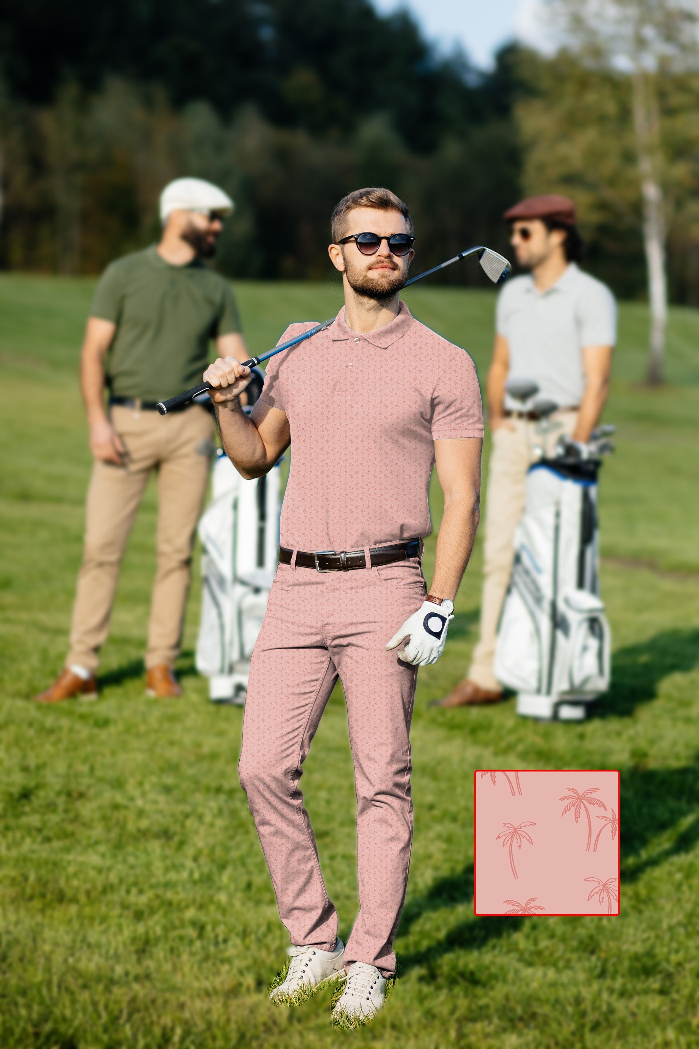 Men's golf set pink polo and pants with coconut tree print, four-way stretch, moisture-wicking, wrinkle-resistant, UPF 40+ protection, and classic fit for sporty business casual look