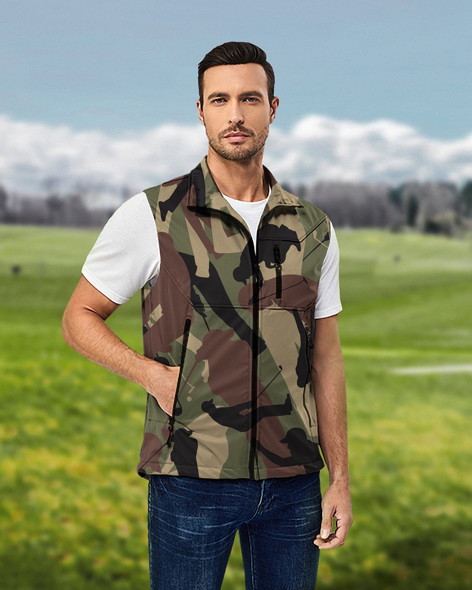 Men's army green camo softshell golf vest sleeveless lightweight windproof jacket