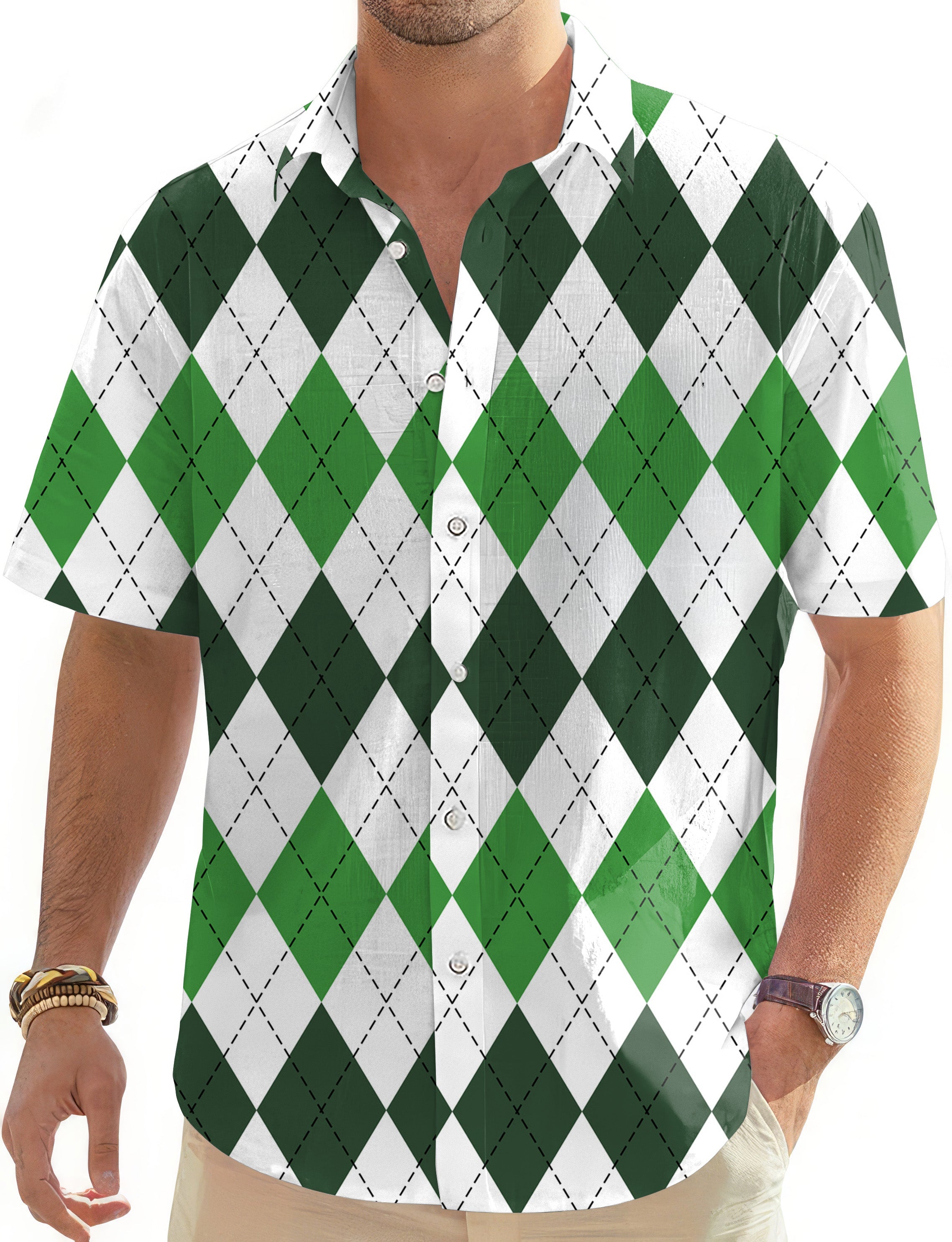 Men's St. Patricks Day Argyle plaid button-down Hawaiian golf shirt in green and white