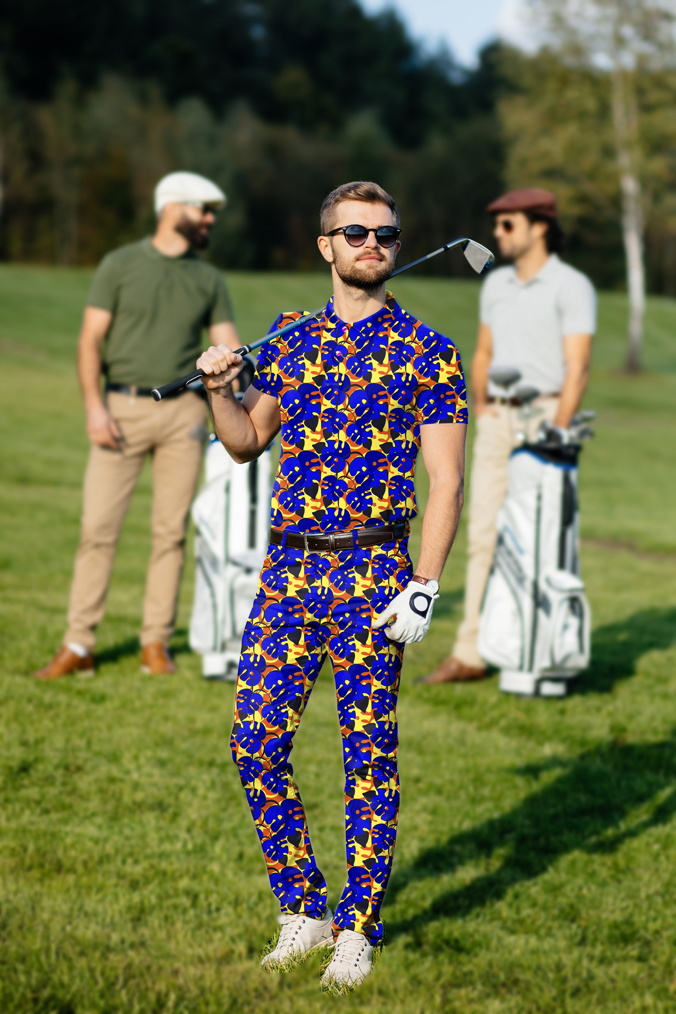 Men's Golf Set Polo+Pants tropical leaves and plants