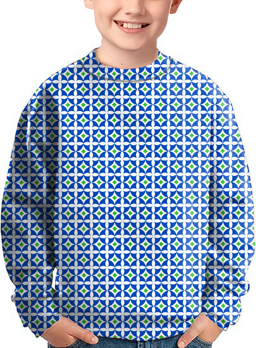 Kids blue-green diamond crewneck pullover with geometric pattern